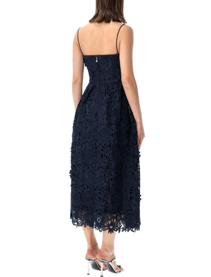 Rotate Flared 3d Lace Midi Dress Navy Recycled Polyester