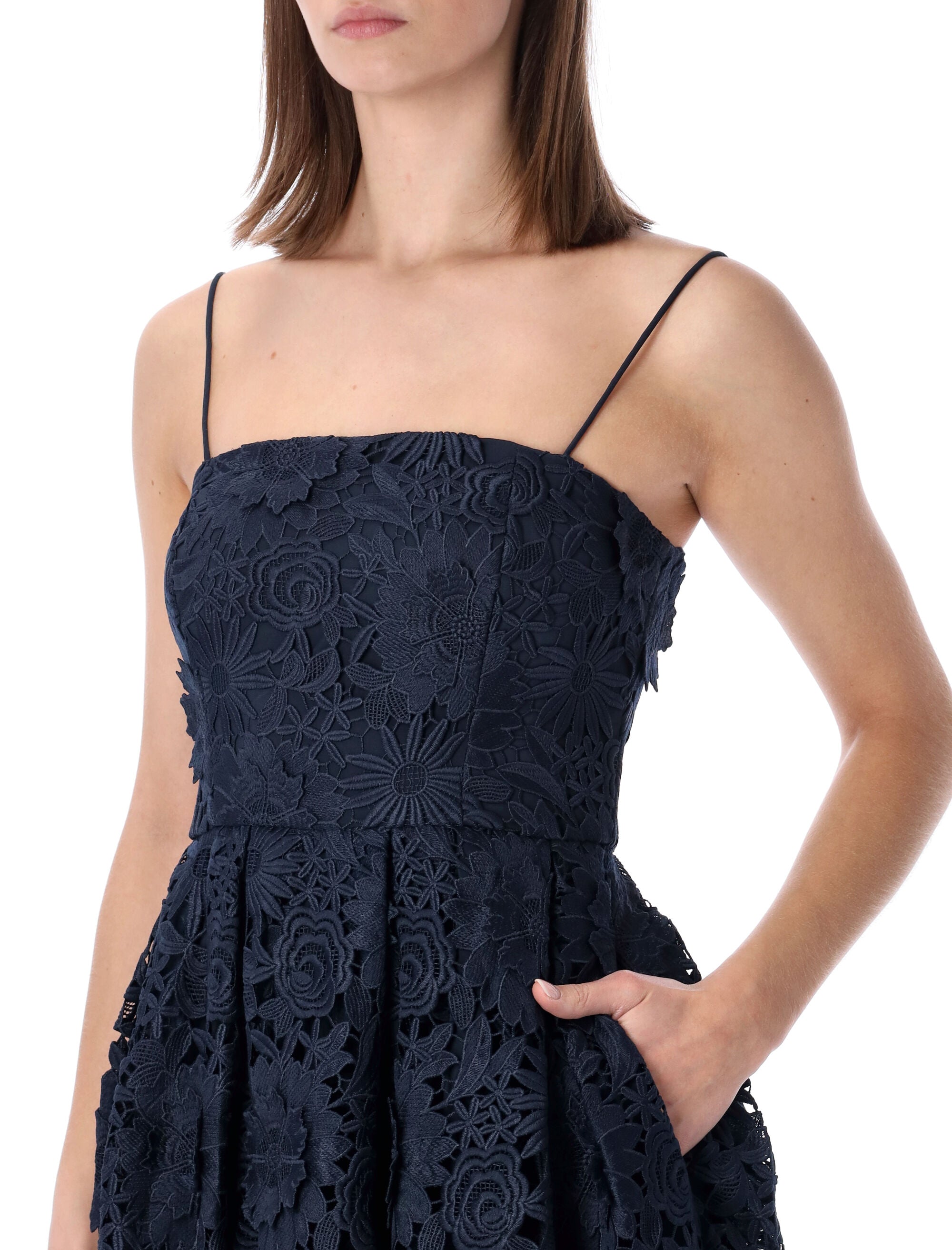 Rotate Flared 3d Lace Midi Dress Navy Recycled Polyester
