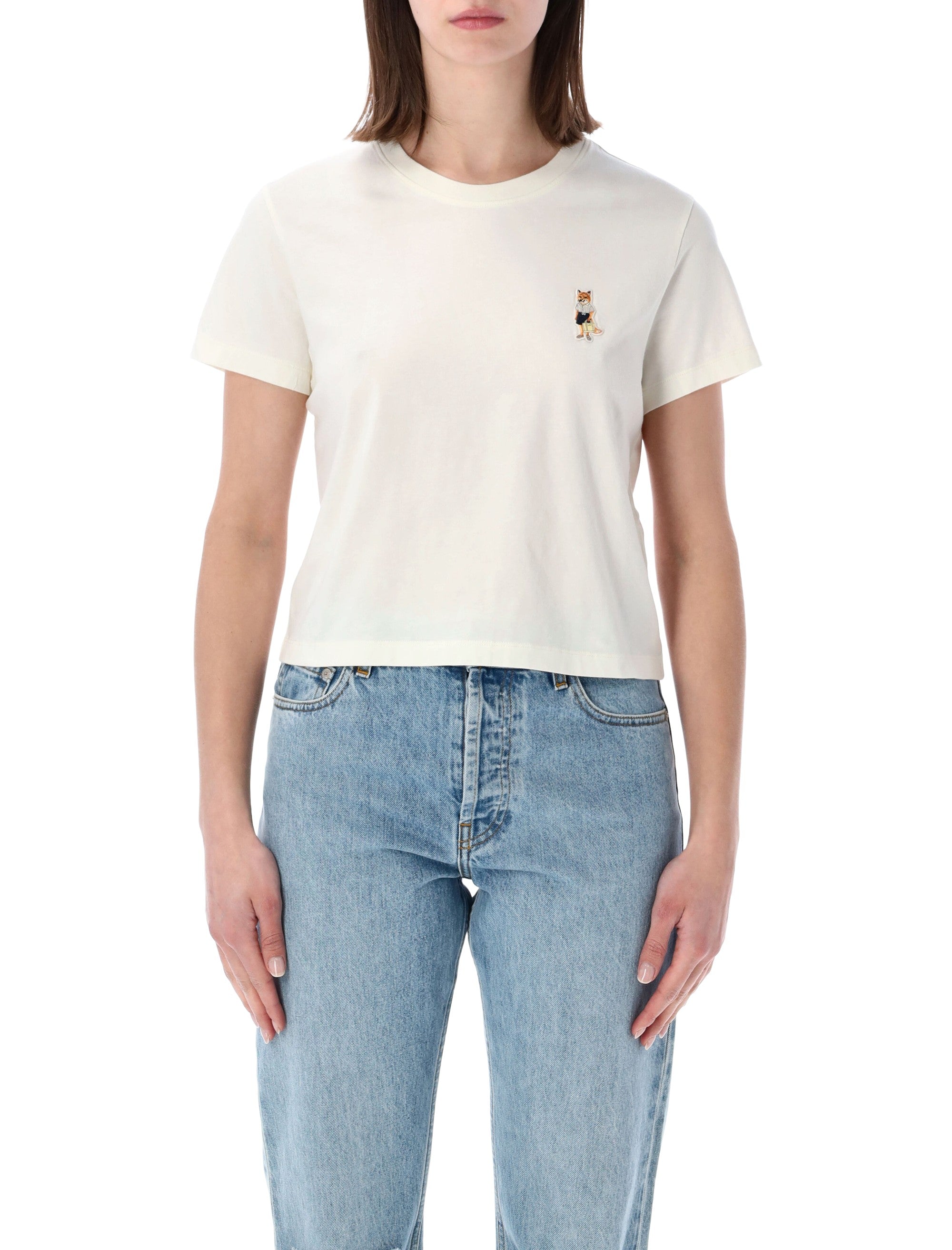 Maison Kitsuné Cropped Cotton T-Shirt With Fox Patch Dove Organic Tshirt