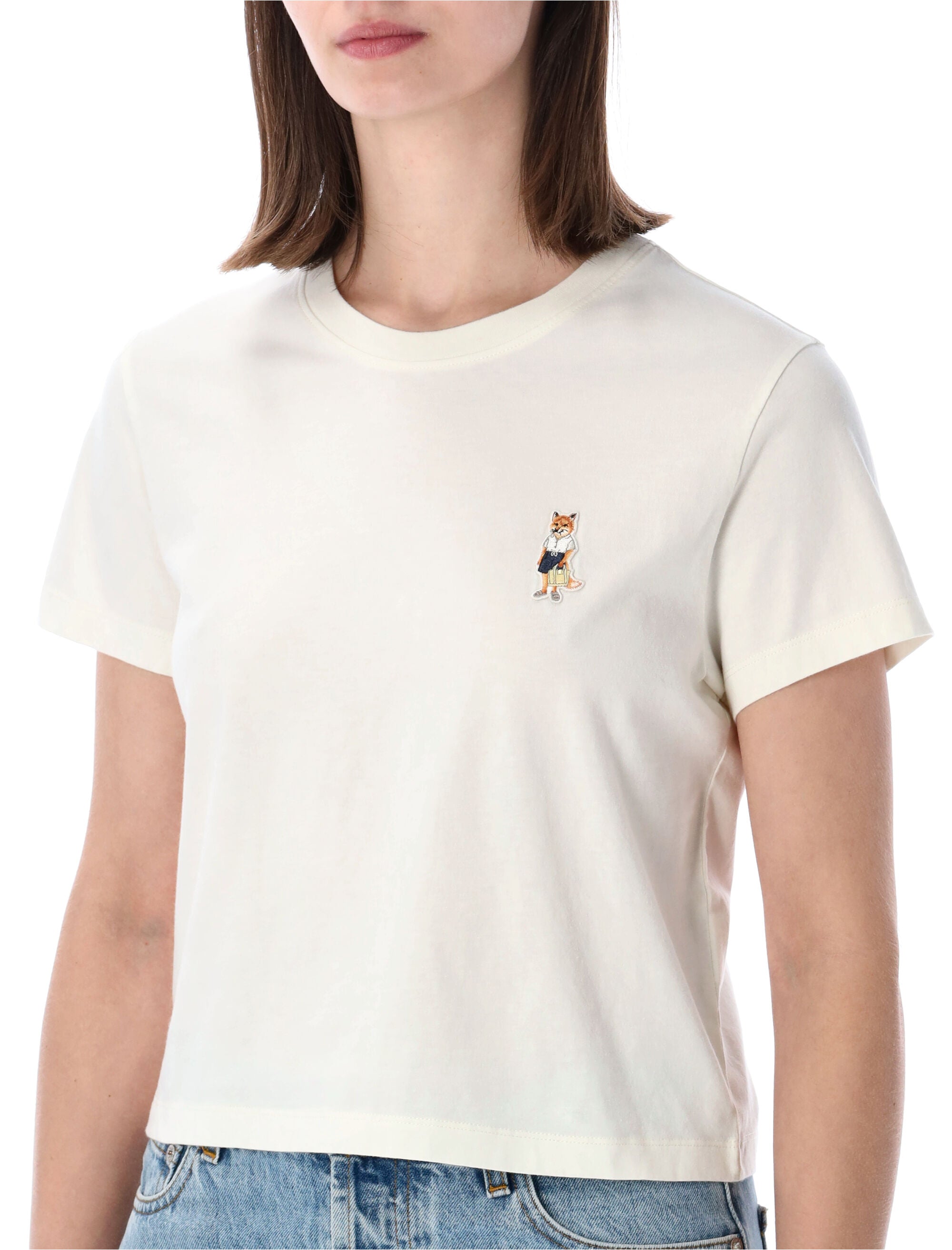 Maison Kitsuné Cropped Cotton T-Shirt With Fox Patch Dove Organic Tshirt