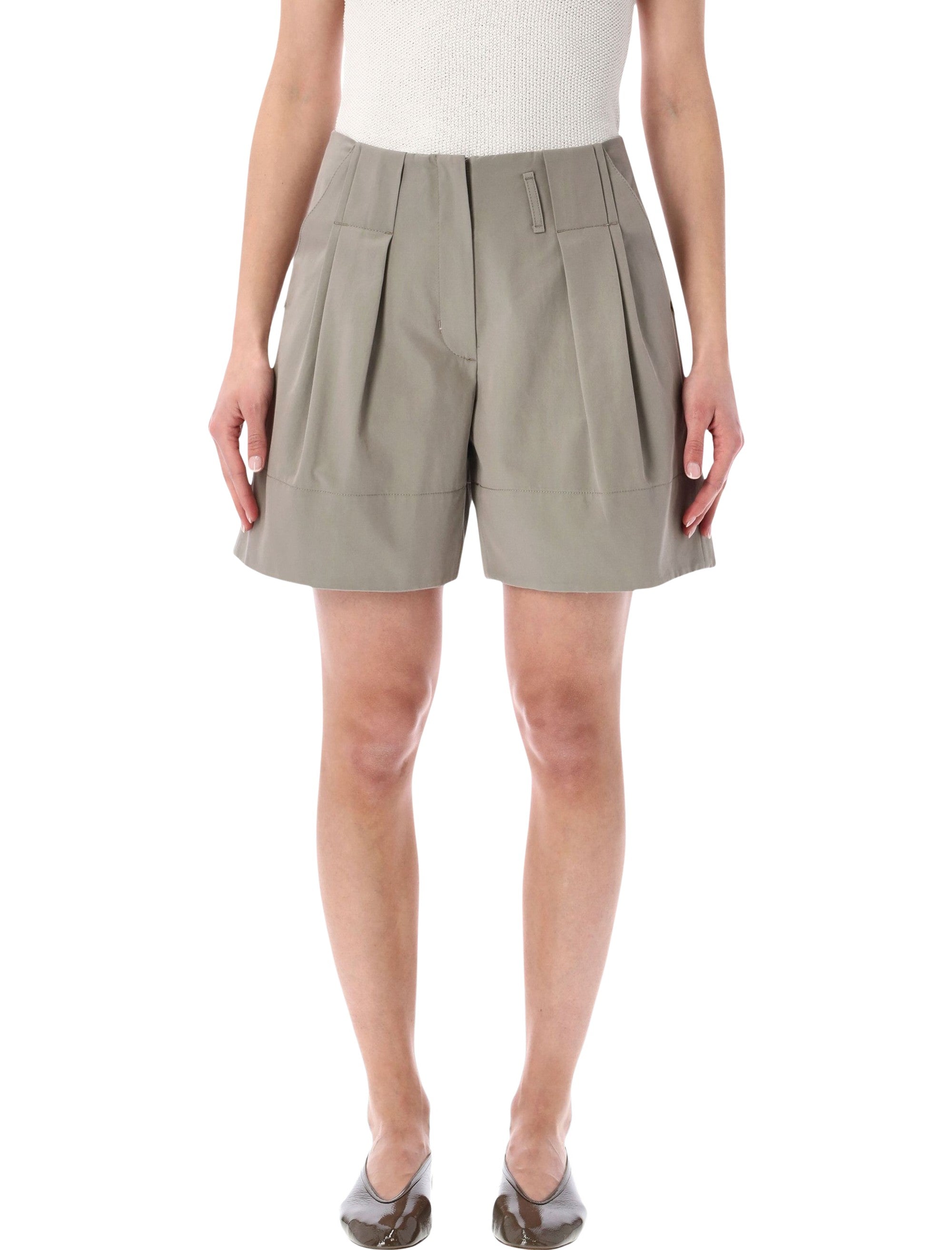 Low Classic Tuck Point Turn-Up Shorts Khaki Cotton
