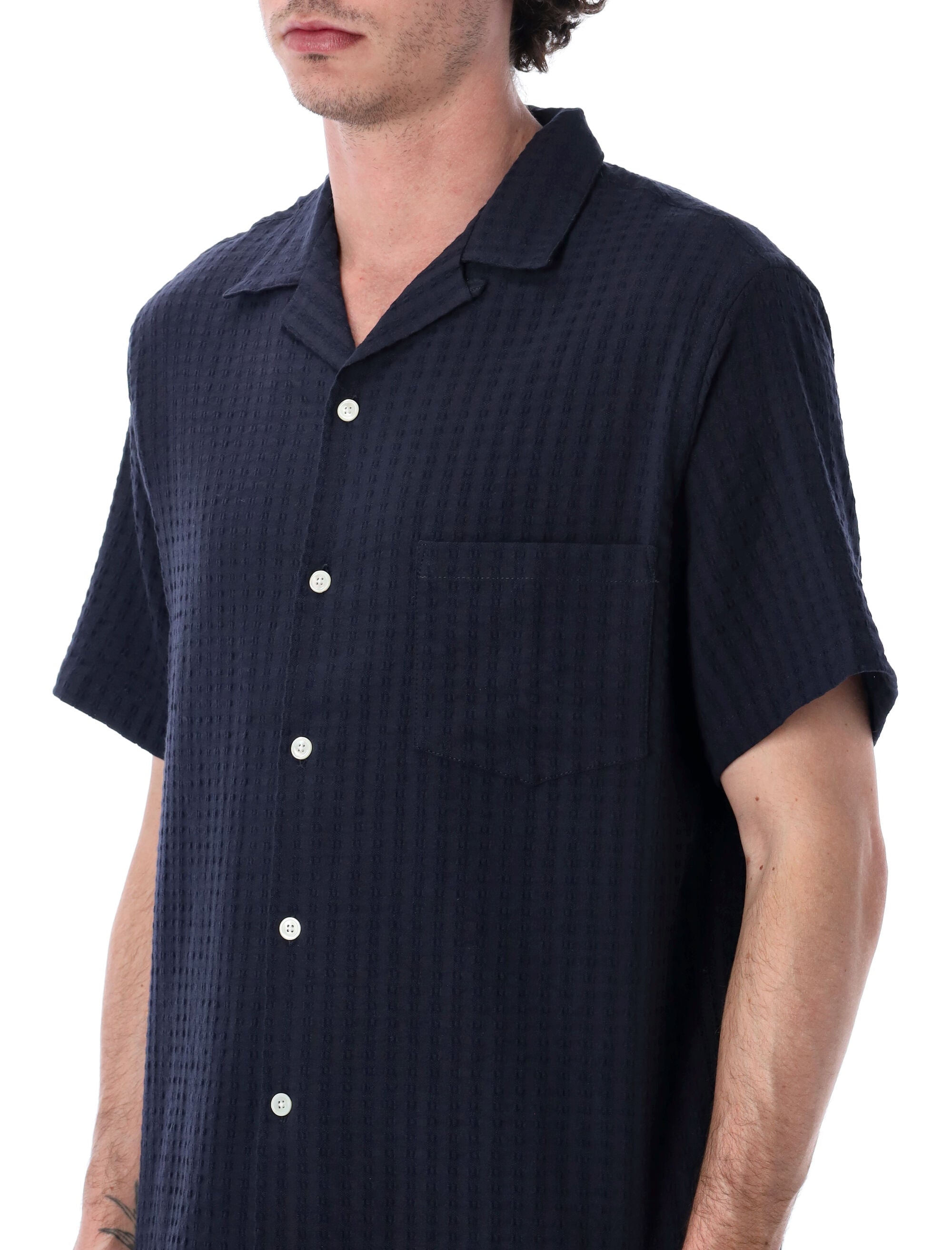 Portuguese Flannel Mondego Seersucker Shirt Navy Cotton