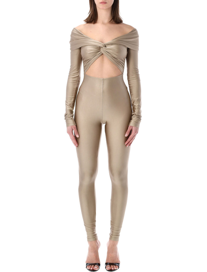 The Andamane stretch off-shoulder cut-out jumpsuit Light Greige Polyamide