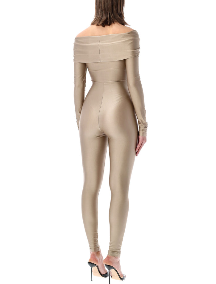 The Andamane stretch off-shoulder cut-out jumpsuit Light Greige Polyamide