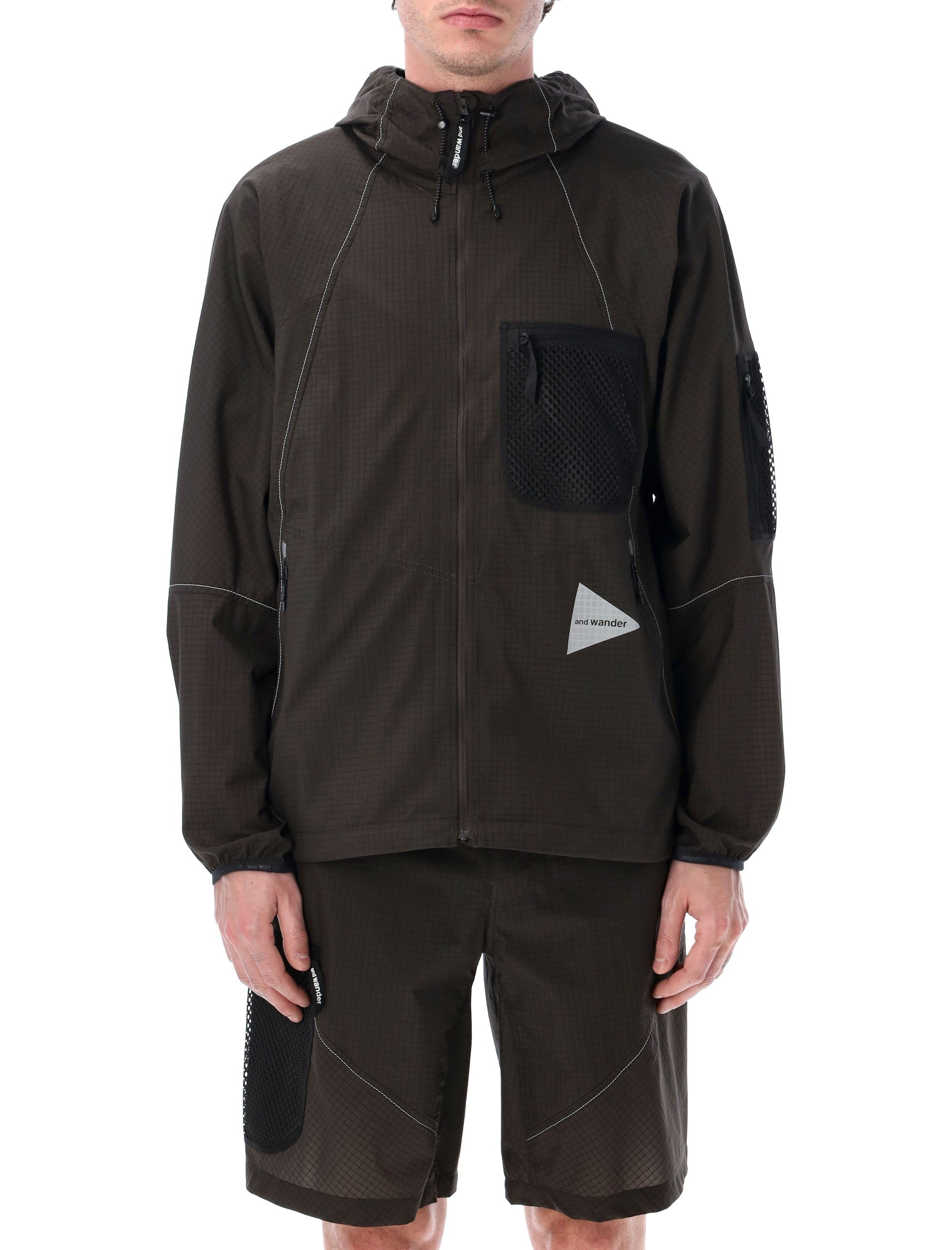 And Wander Breath Rip Hooded Jacket Charcoal Nylon Inserts