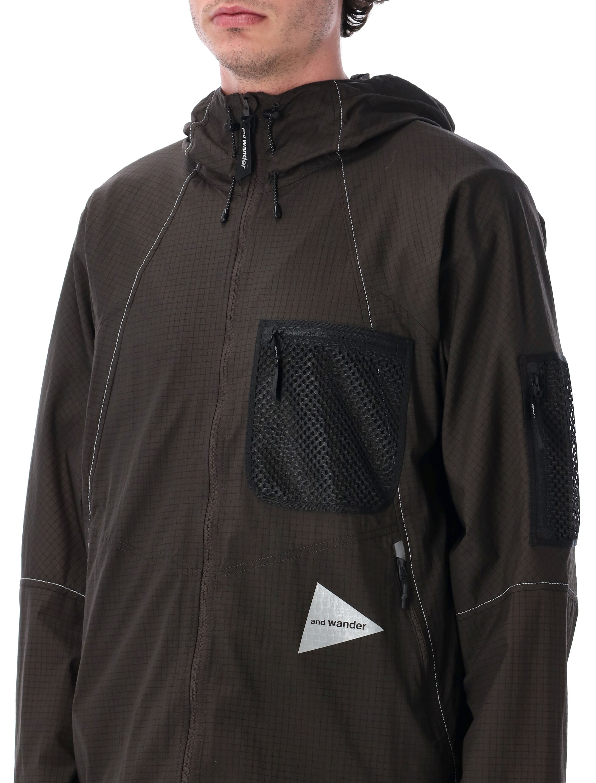 And Wander Breath Rip Hooded Jacket Charcoal Nylon Inserts