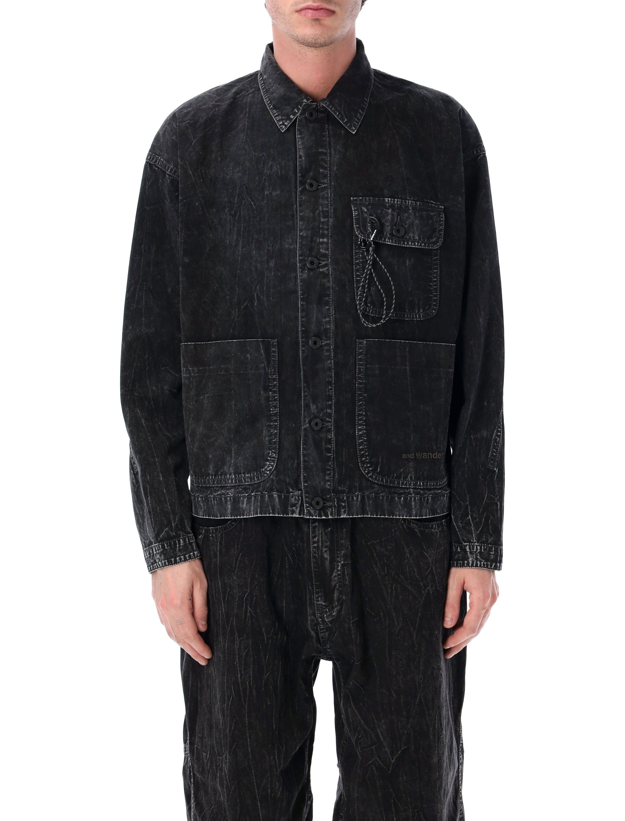 And Wander Black Textured Shirt Jacket Cotton