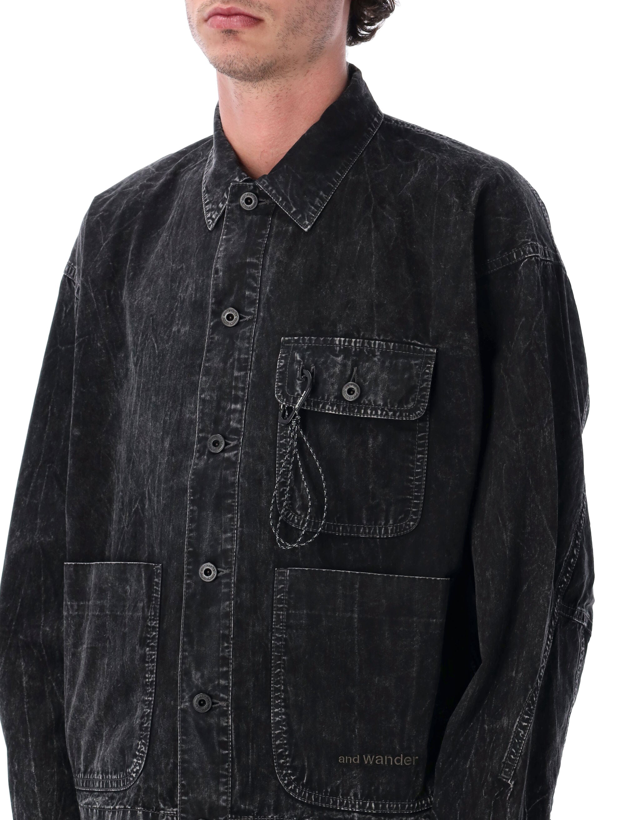 And Wander Black Textured Shirt Jacket Cotton