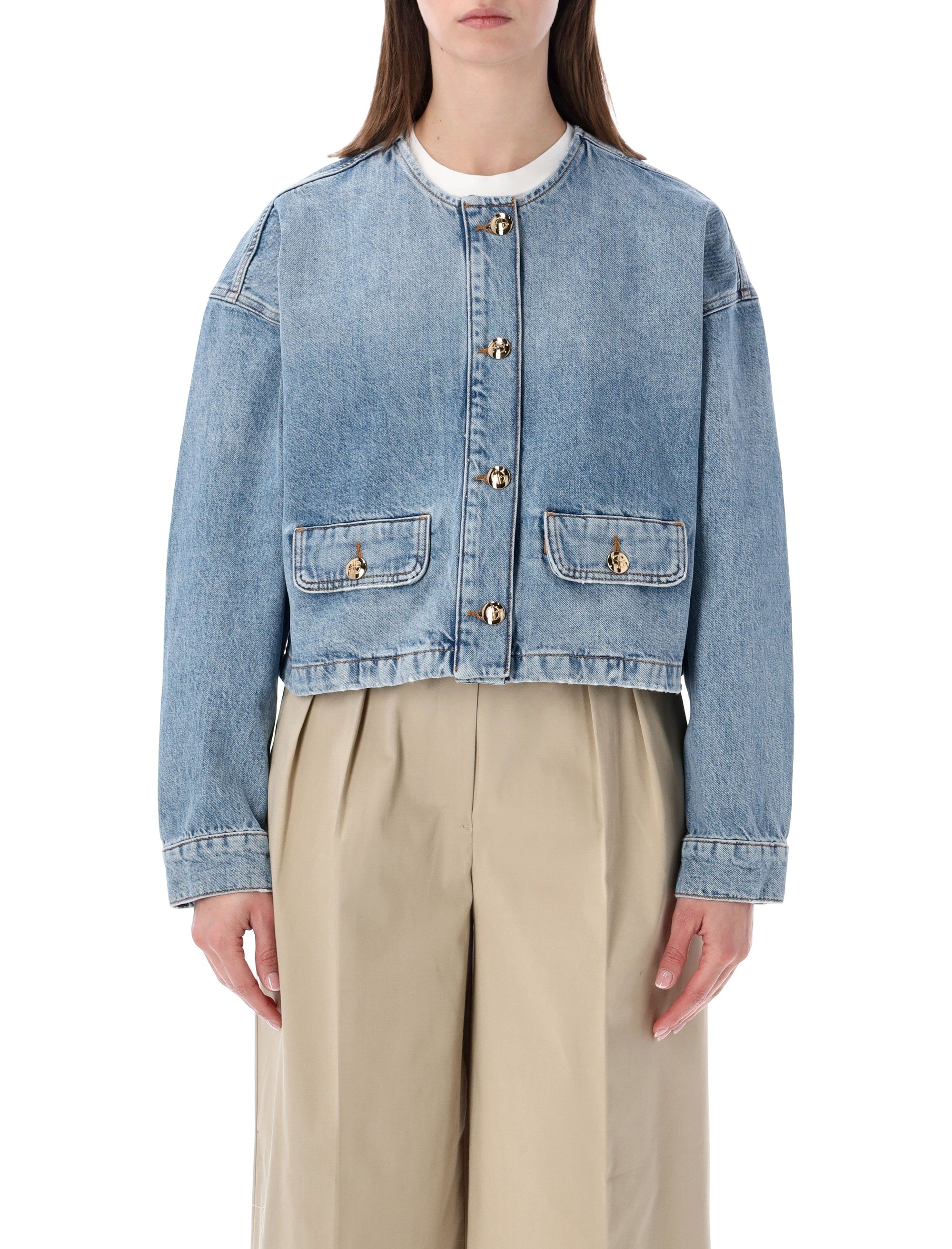 Anine Bing Blanchet cropped denim jacket Caspiac Blue Regenerative Cotton