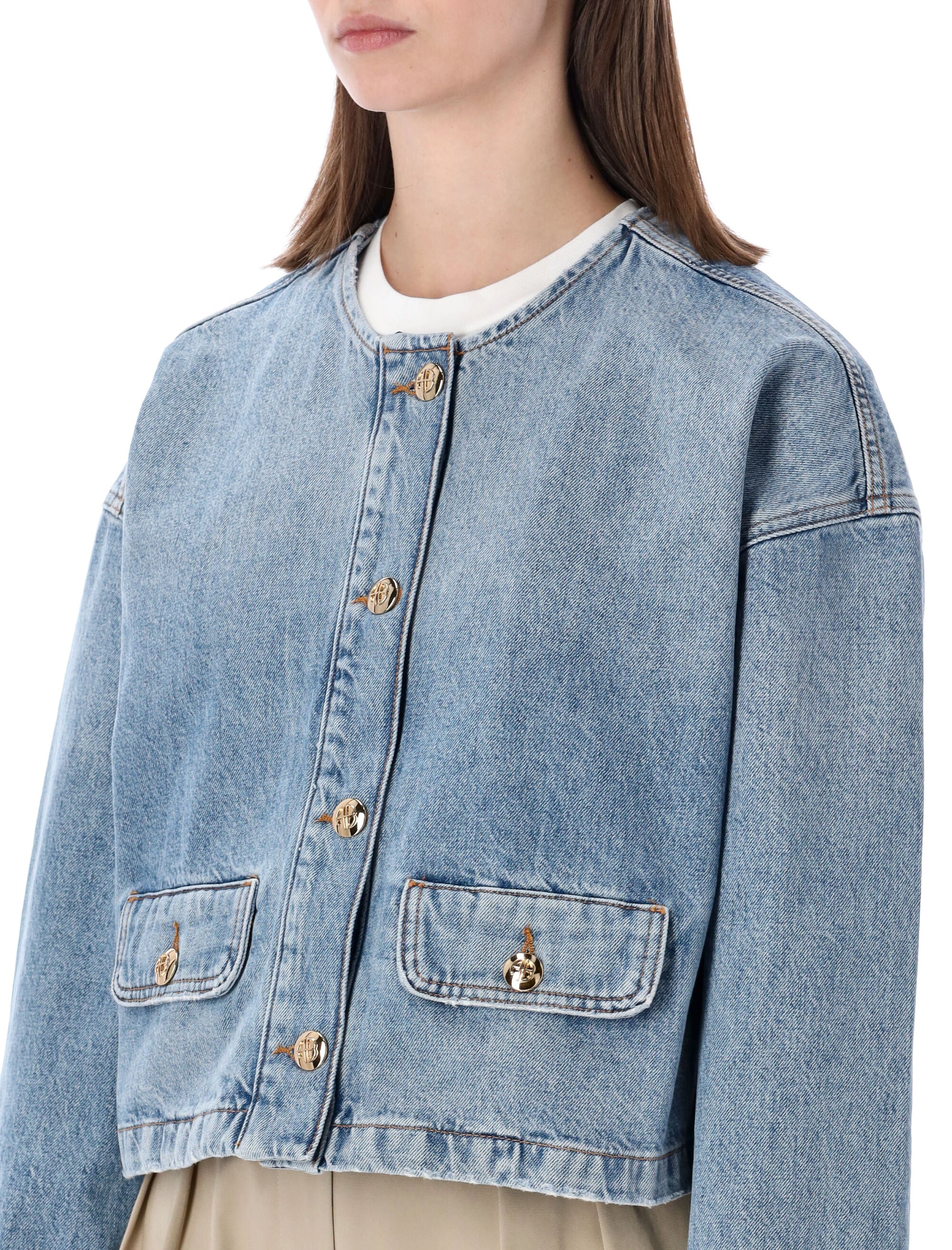 Anine Bing Blanchet cropped denim jacket Caspiac Blue Regenerative Cotton
