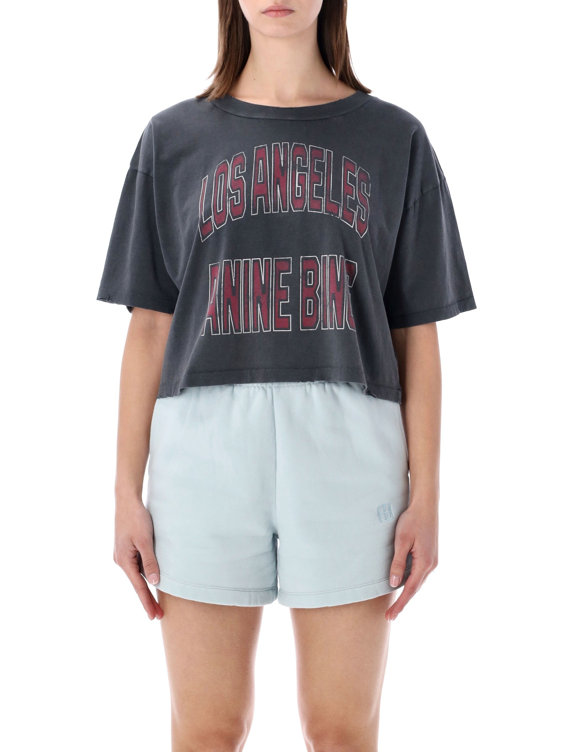 Anine Bing Johnny cropped graphic t-shirt Washed Black Cotton Tshirt