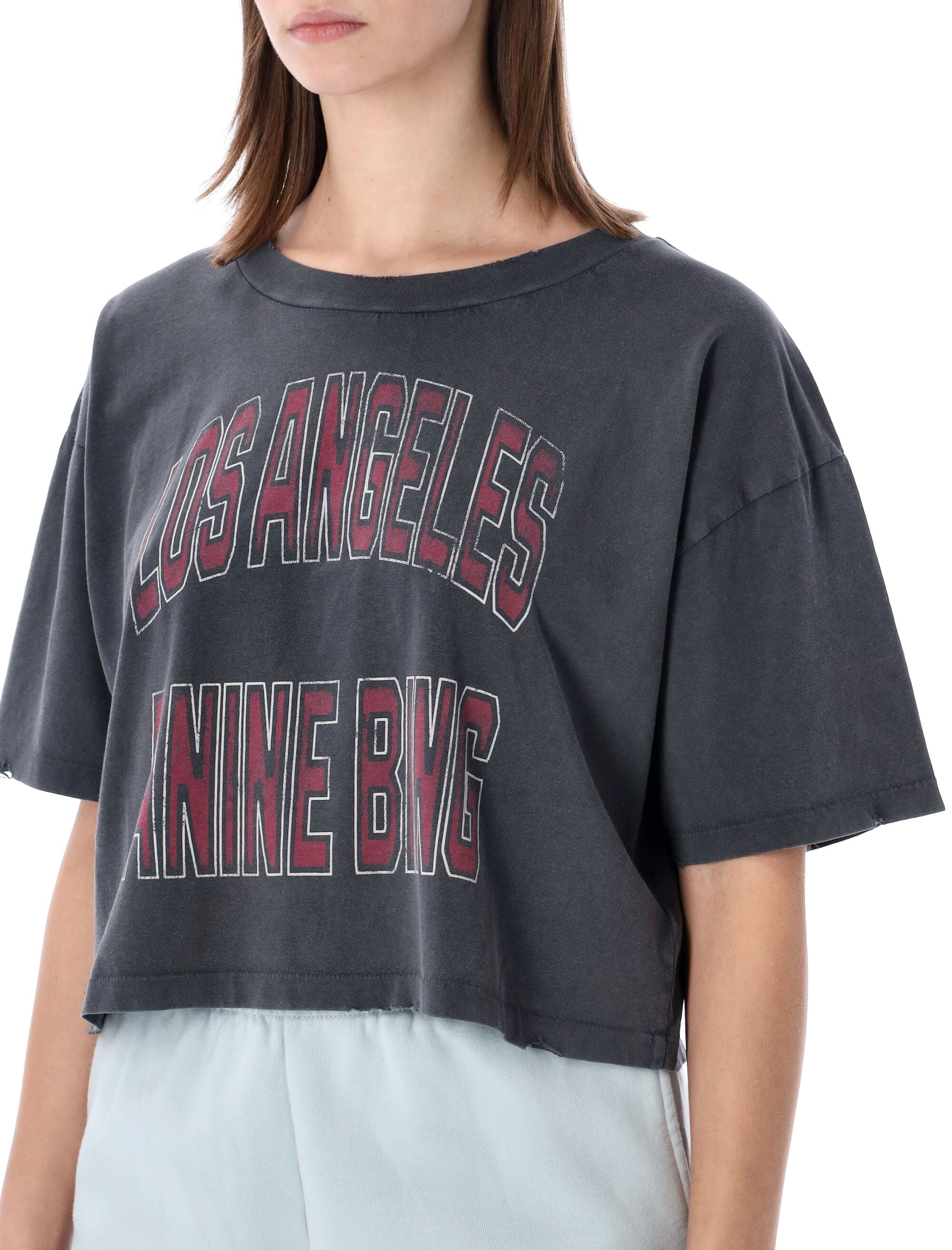 Anine Bing Johnny cropped graphic t-shirt Washed Black Cotton Tshirt