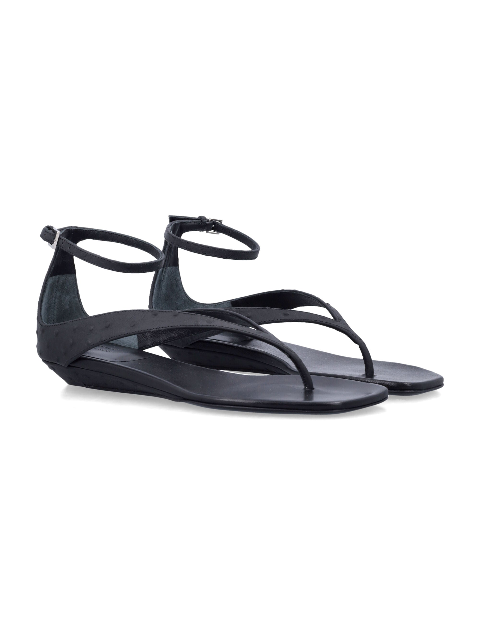 Loulou Niham Ostrich-Effect Flip Flop Sandals Black Calfskin