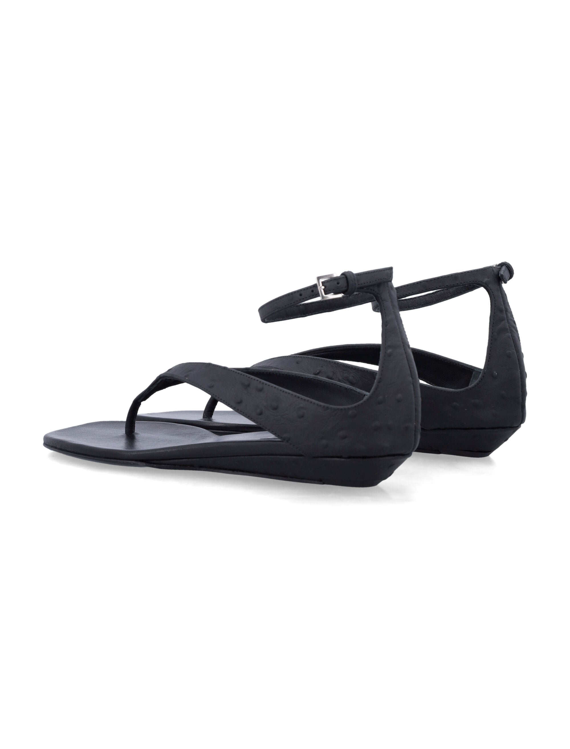 Loulou Niham Ostrich-Effect Flip Flop Sandals Black Calfskin