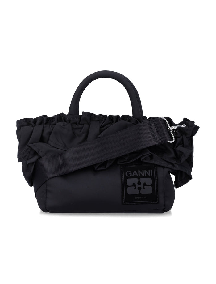 Ganni Black Nylon Ruffled Top Handle Bag Recycled Tote