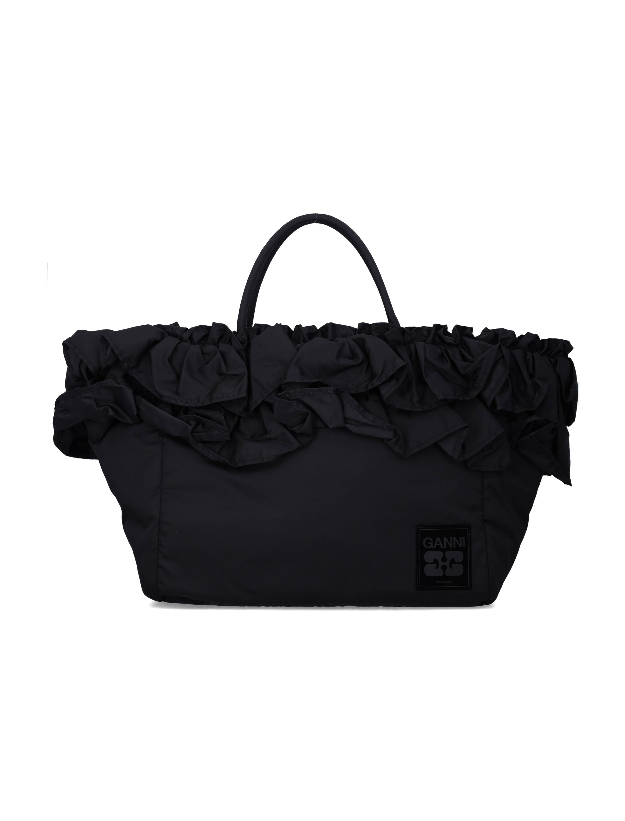 Ganni Black Nylon Ruffled XXL Shopper Bag Recycled Tote