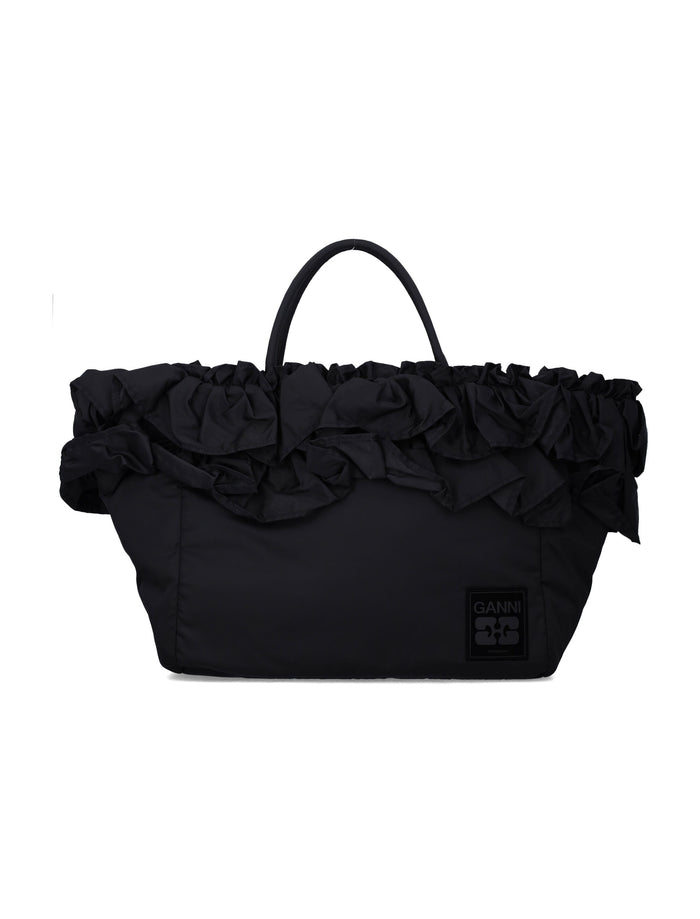 Ganni Black Nylon Ruffled XXL Shopper Bag Recycled Tote
