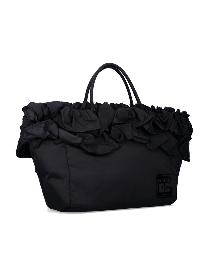 Ganni Black Nylon Ruffled XXL Shopper Bag Recycled Tote