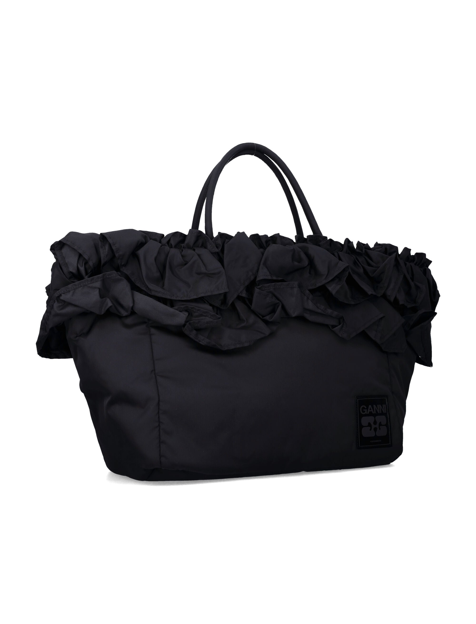 Ganni Black Nylon Ruffled XXL Shopper Bag Recycled Tote