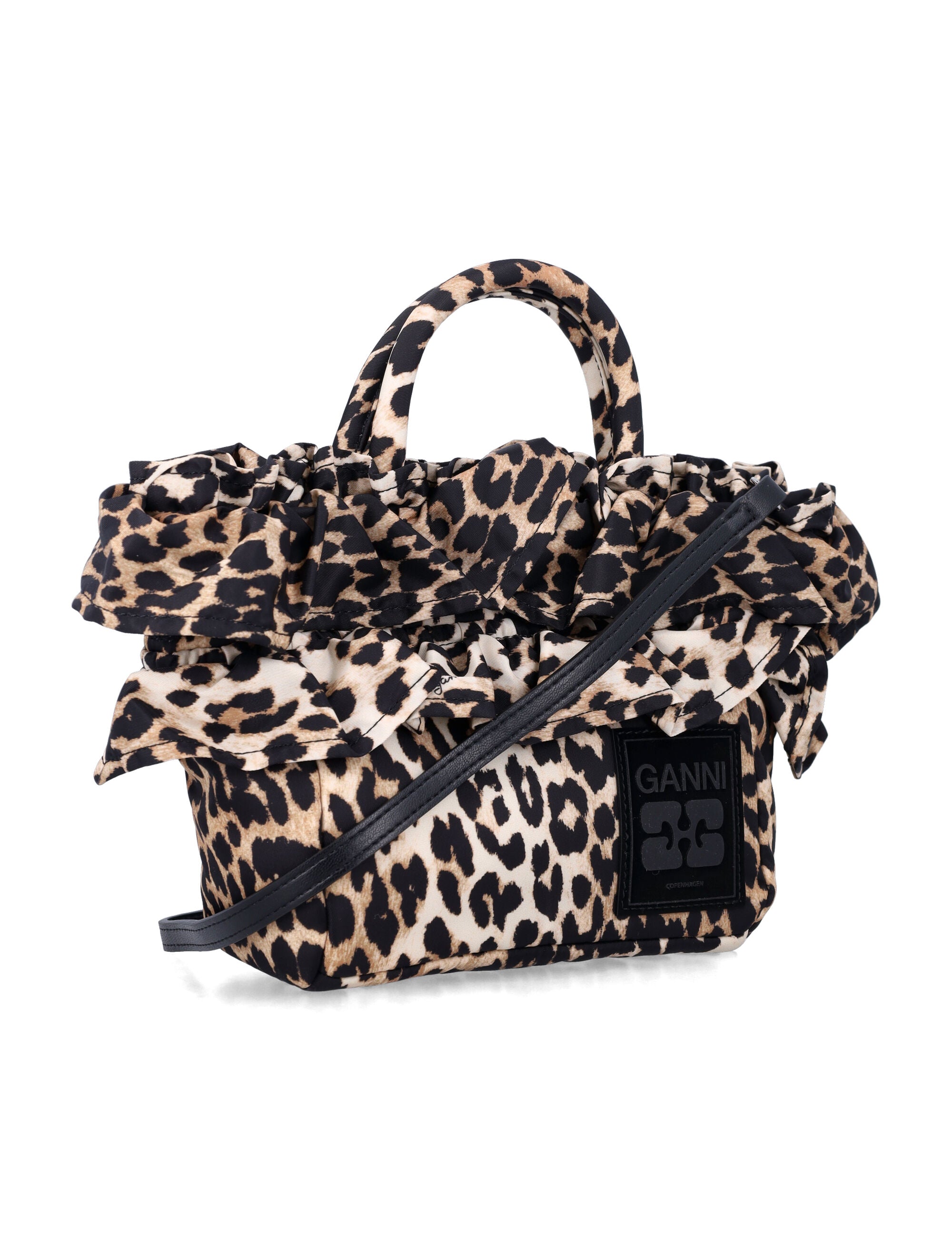 Ganni Leopard Mini Ruffled shopper Leo Recycled Polyamide Shoulder Bag