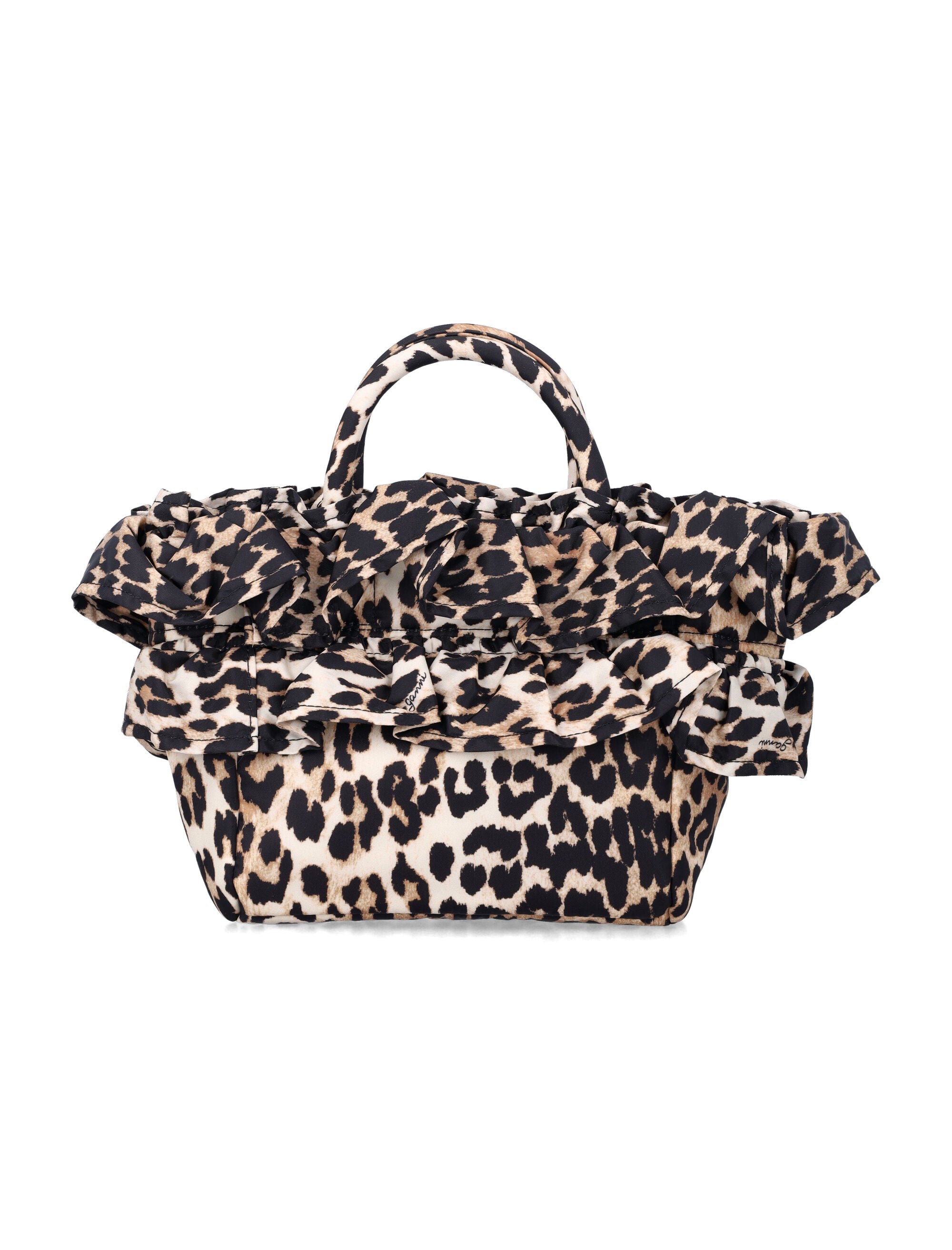 Ganni Leopard Mini Ruffled shopper Leo Recycled Polyamide Shoulder Bag