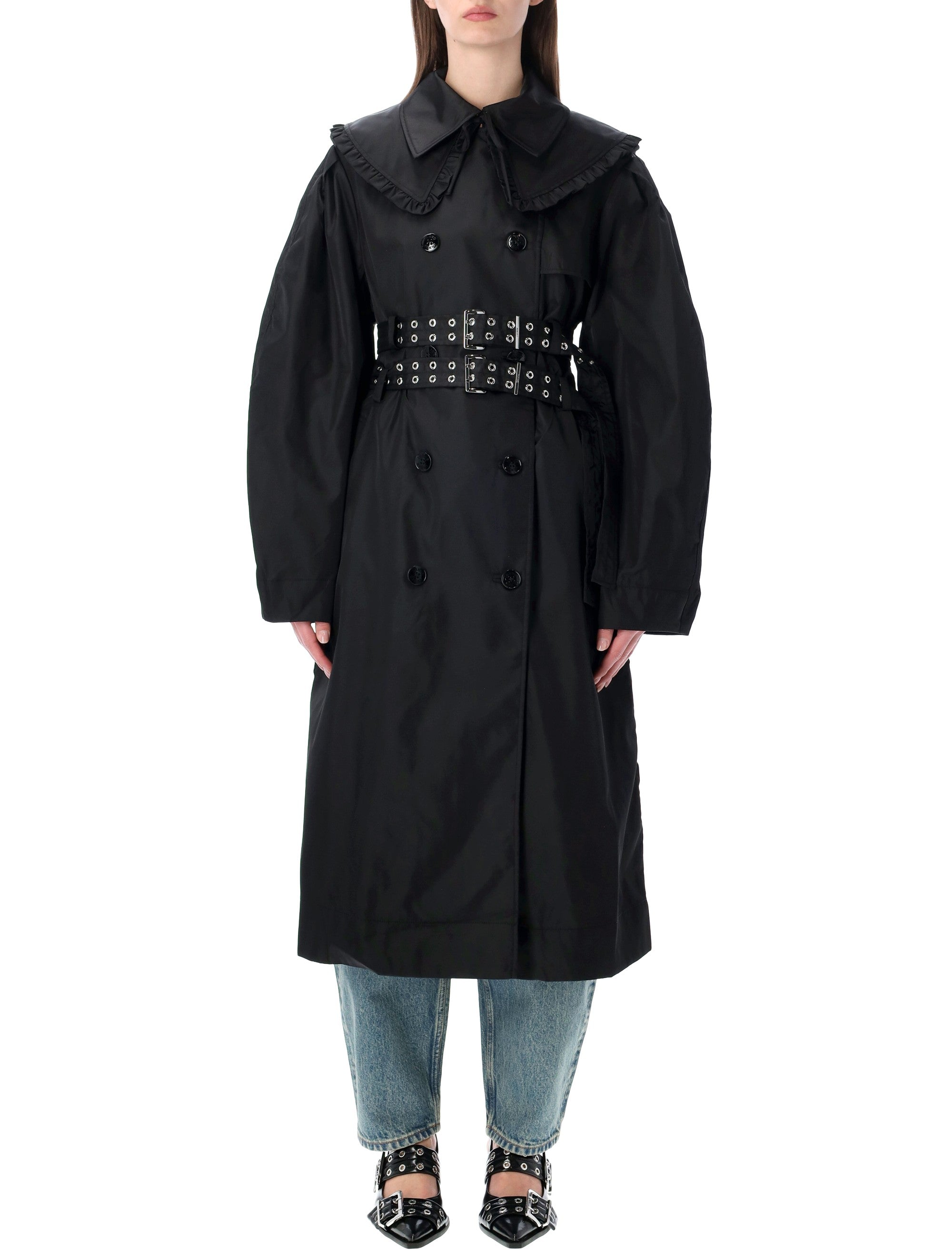 Ganni nylon duchesse double-breasted trench Black Recycled Polyamide Coat