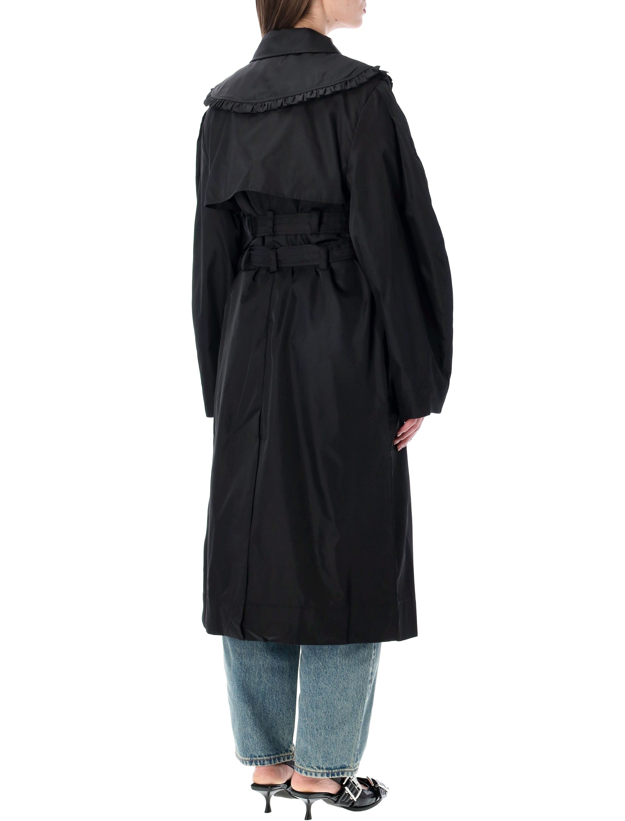 Ganni nylon duchesse double-breasted trench Black Recycled Polyamide Coat
