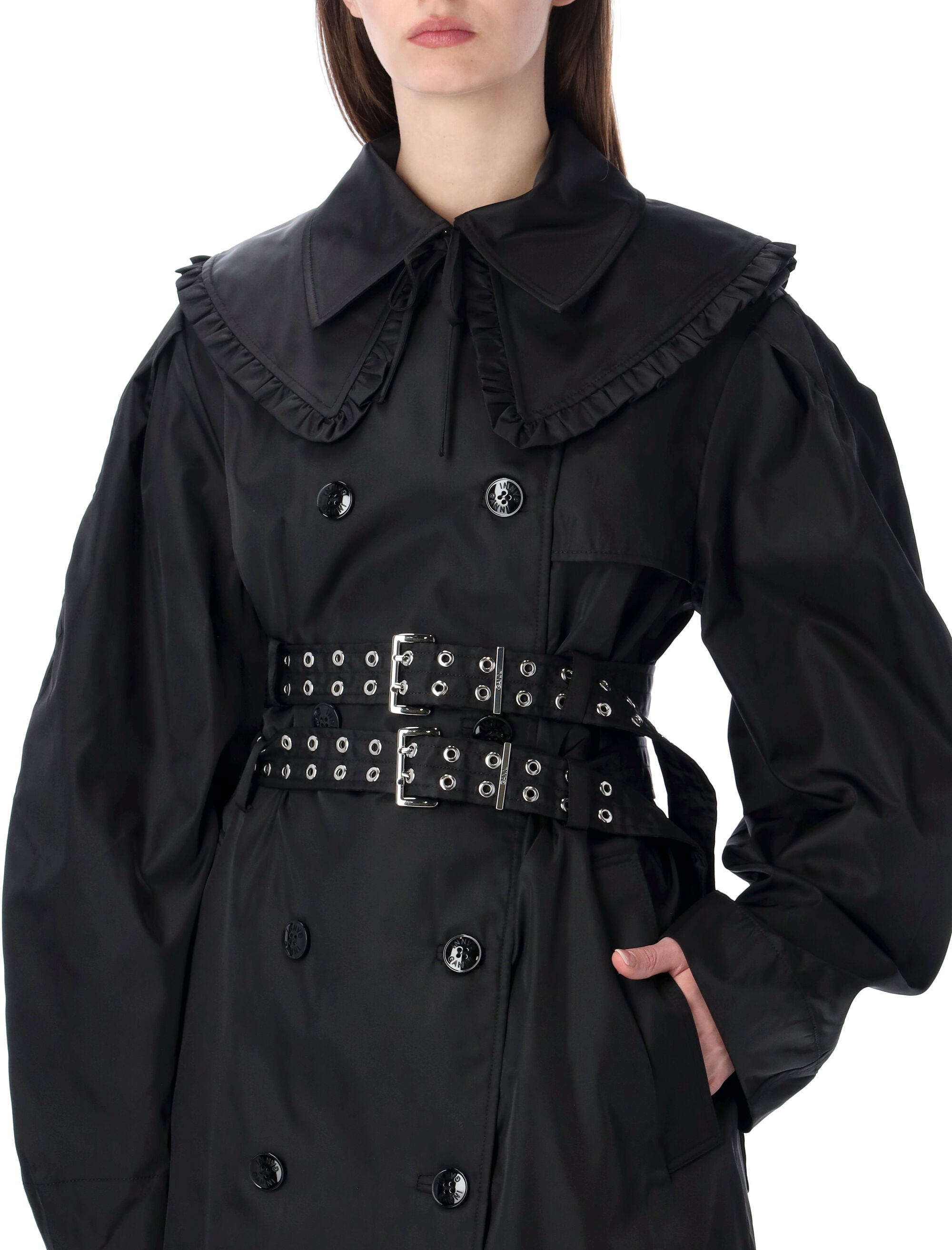 Ganni nylon duchesse double-breasted trench Black Recycled Polyamide Coat
