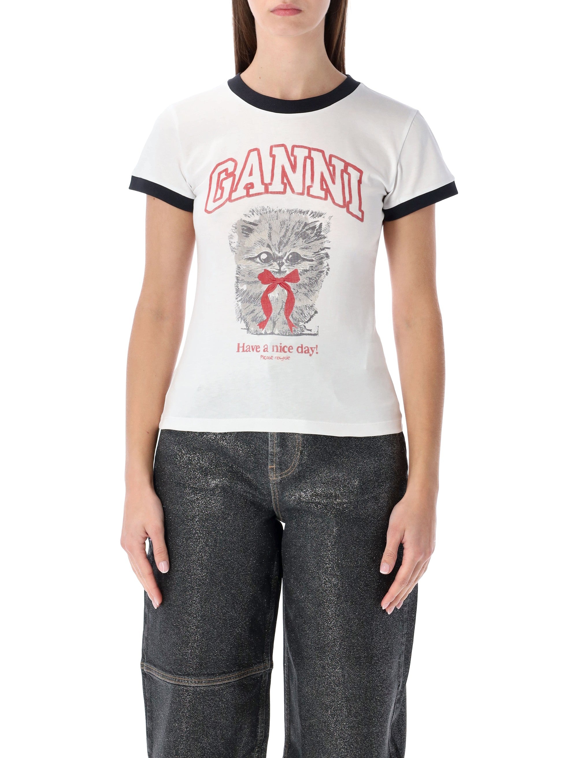 Ganni white cropped Kitty t-shirt Bright Cotton Tshirt