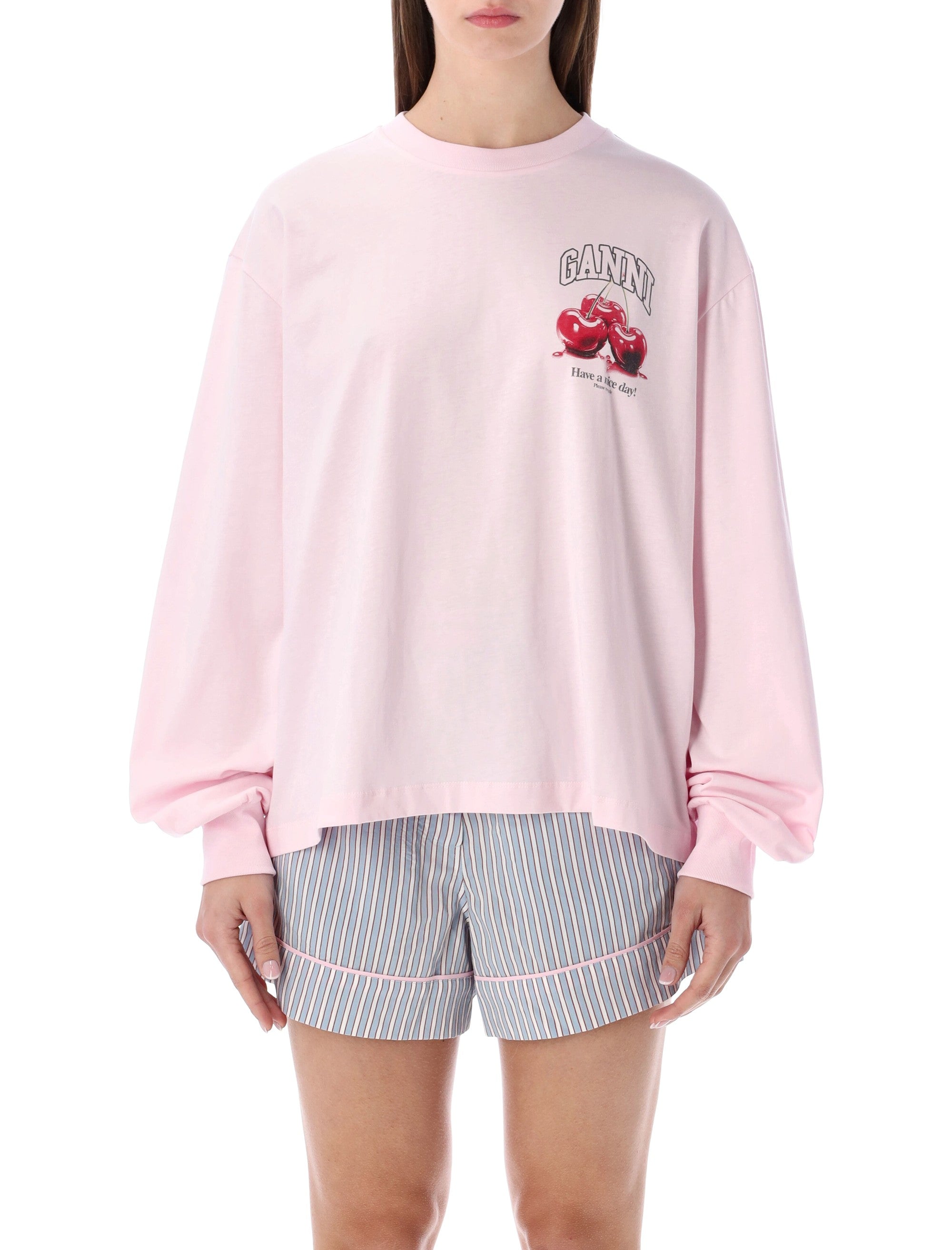 Ganni Pink Cherry Long-Sleeve T-Shirt Chalk Cotton Tshirt