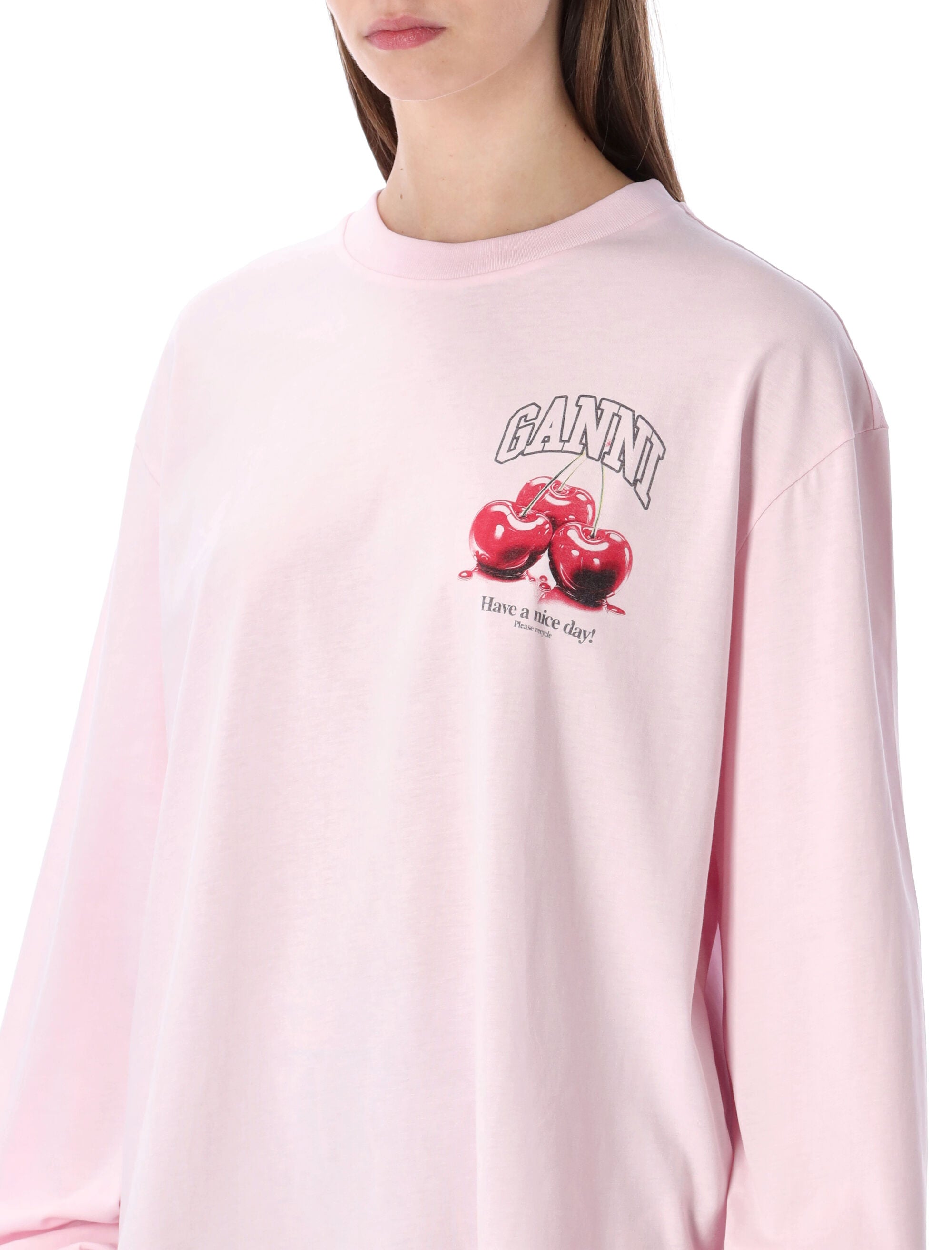Ganni Pink Cherry Long-Sleeve T-Shirt Chalk Cotton Tshirt