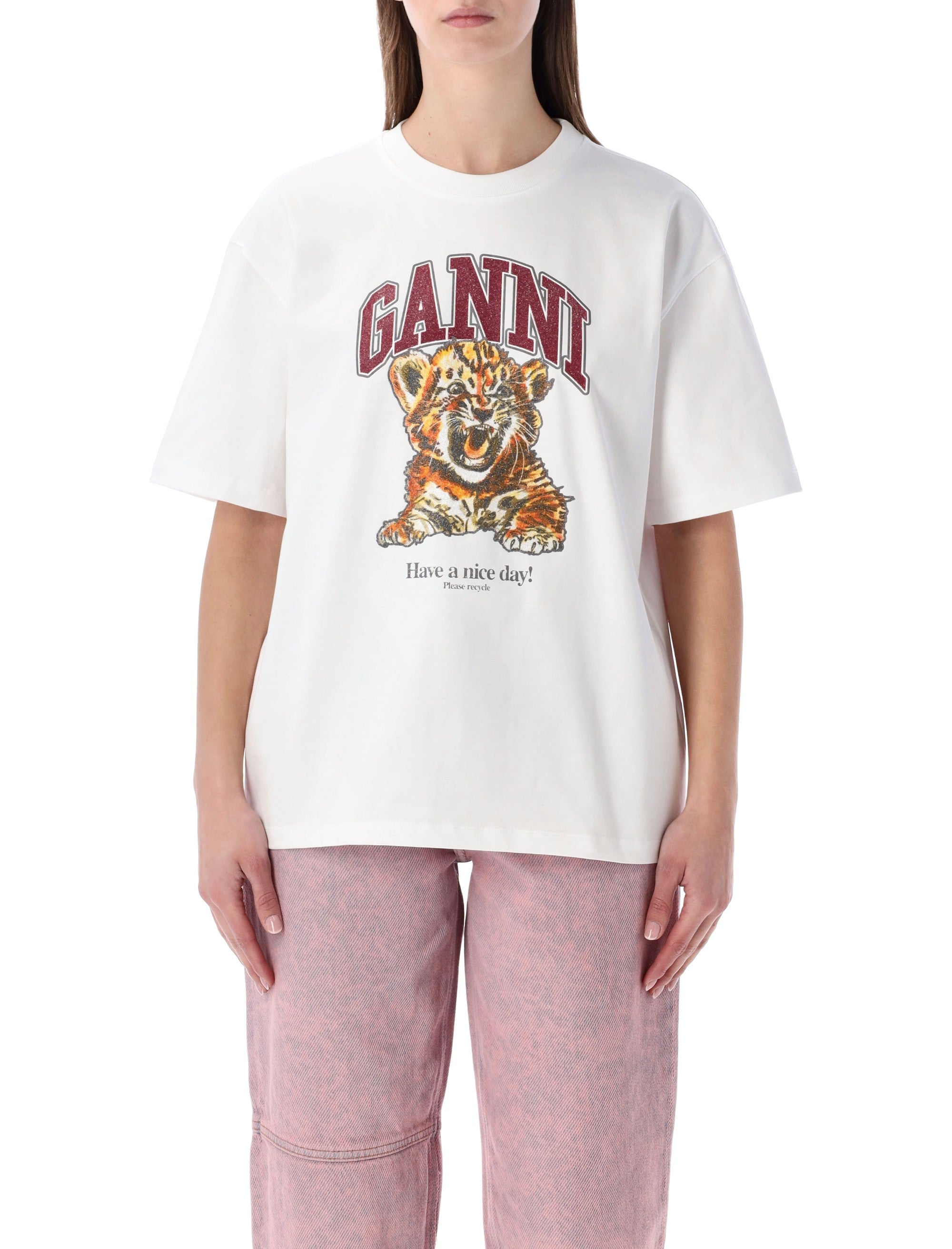 GANNI beaded Tiger T-shirt Birght White Organic Cotton