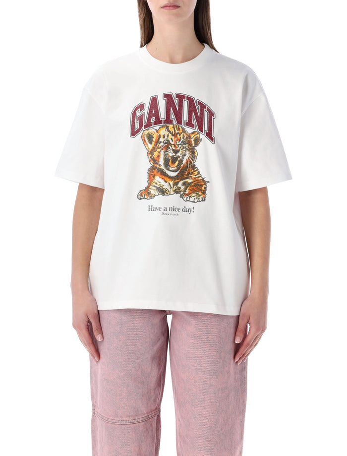 GANNI beaded Tiger T-shirt Birght White Organic Cotton