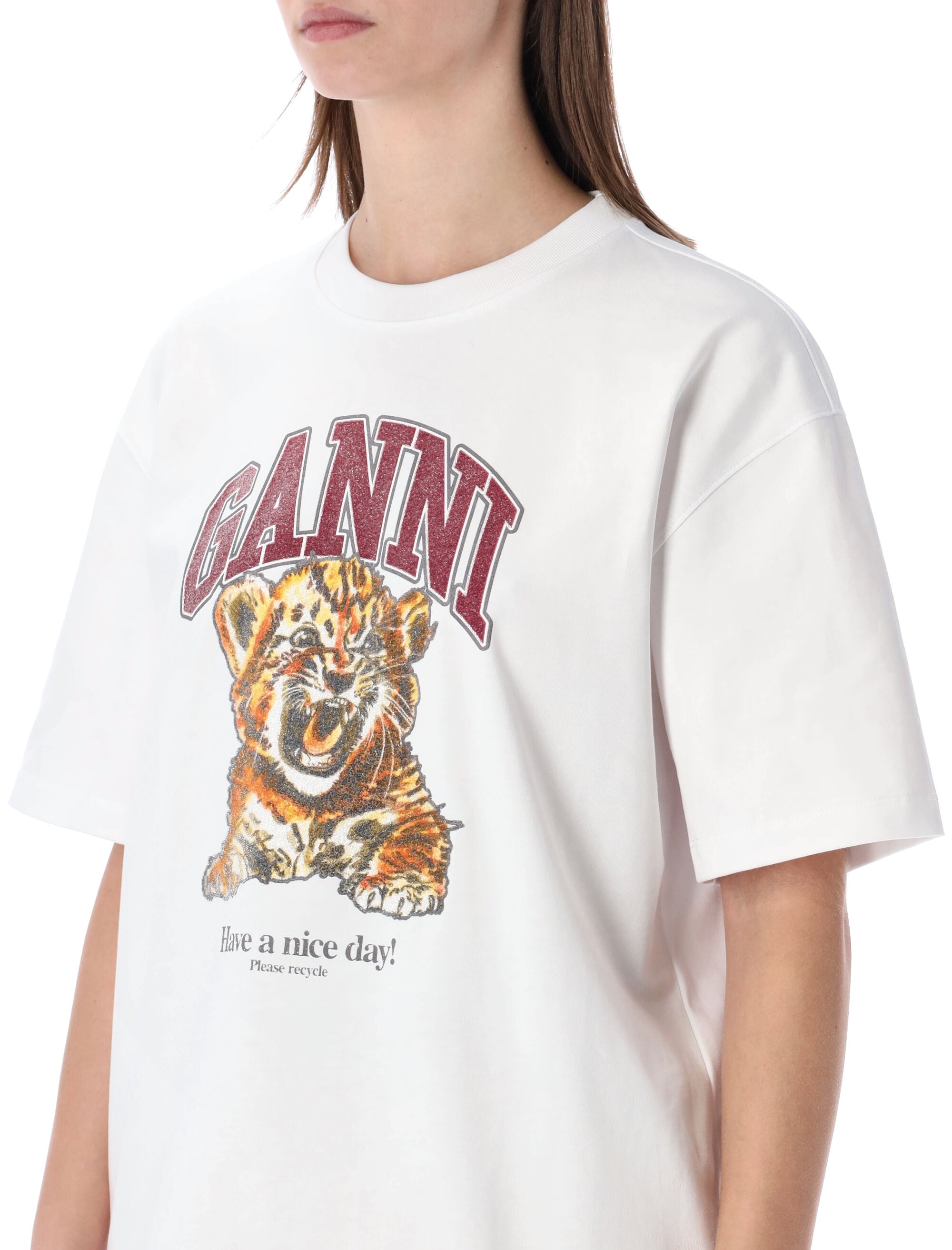 GANNI beaded Tiger T-shirt Birght White Organic Cotton