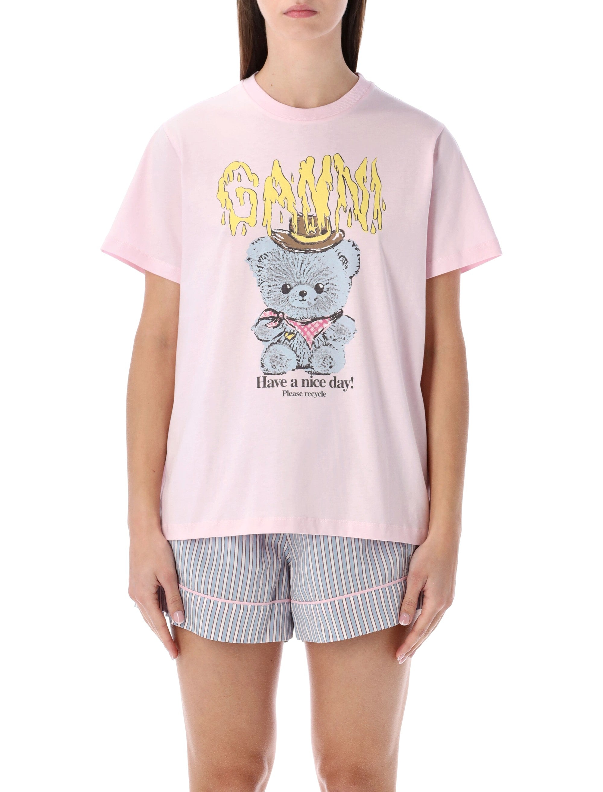 Ganni pink Cowboy Bear graphic t-shirt Chalk Cotton Tshirt