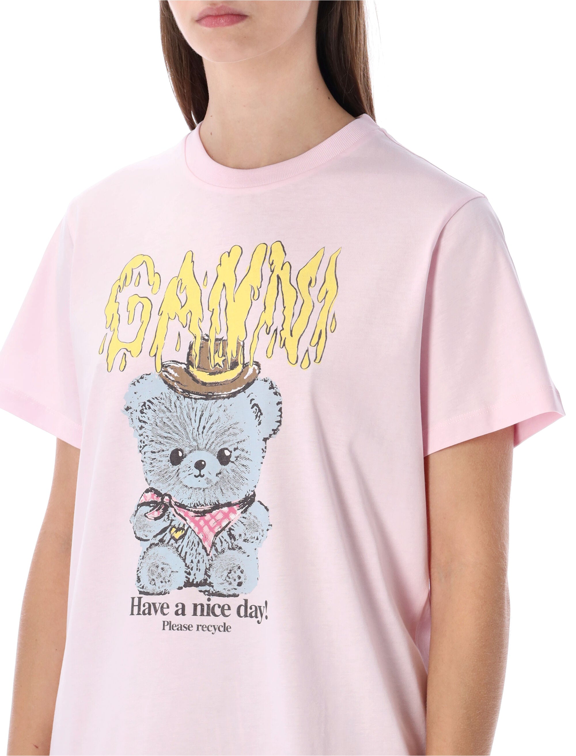 Ganni pink Cowboy Bear graphic t-shirt Chalk Cotton Tshirt