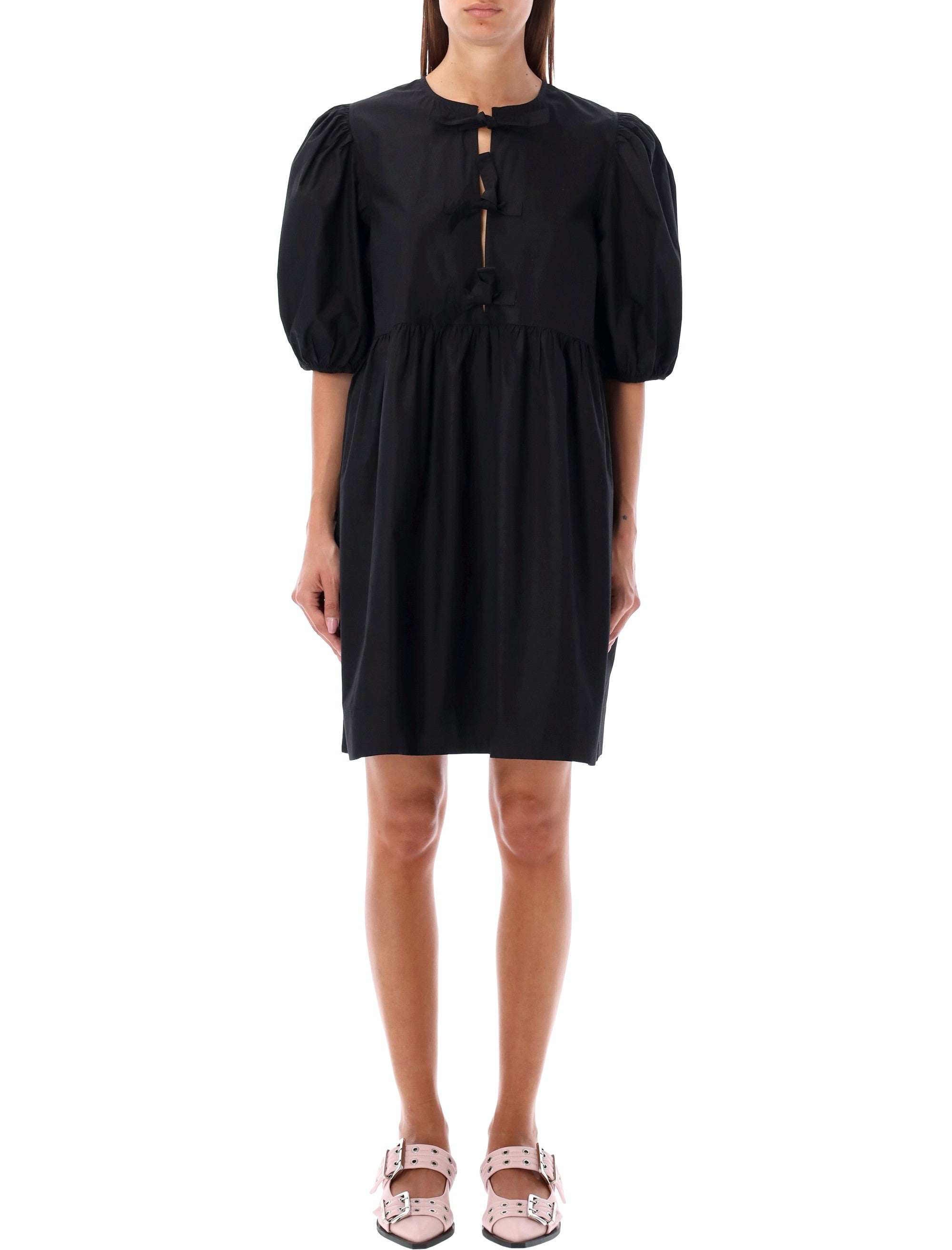 Ganni black cotton poplin mini dress with bows Organic