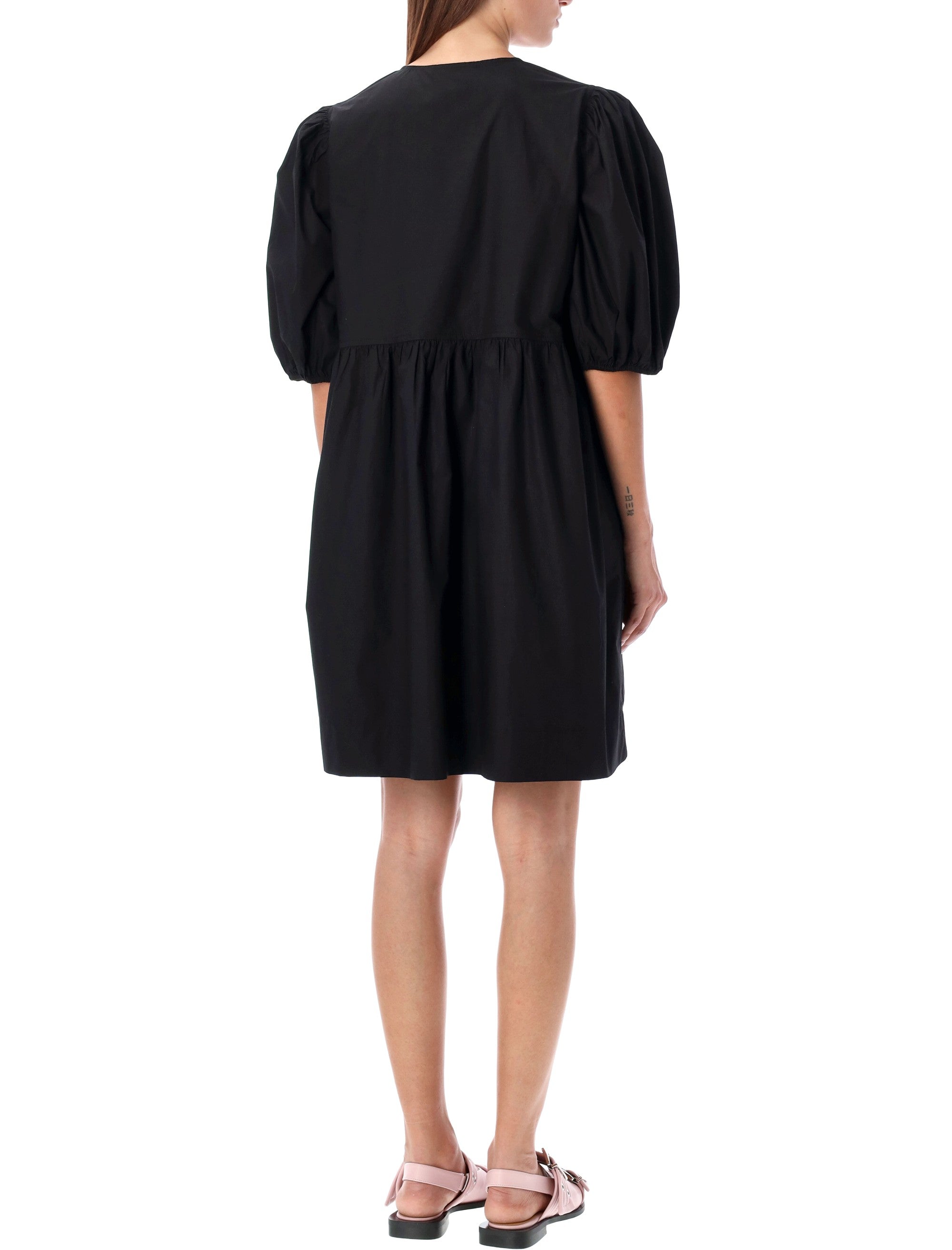 Ganni black cotton poplin mini dress with bows Organic