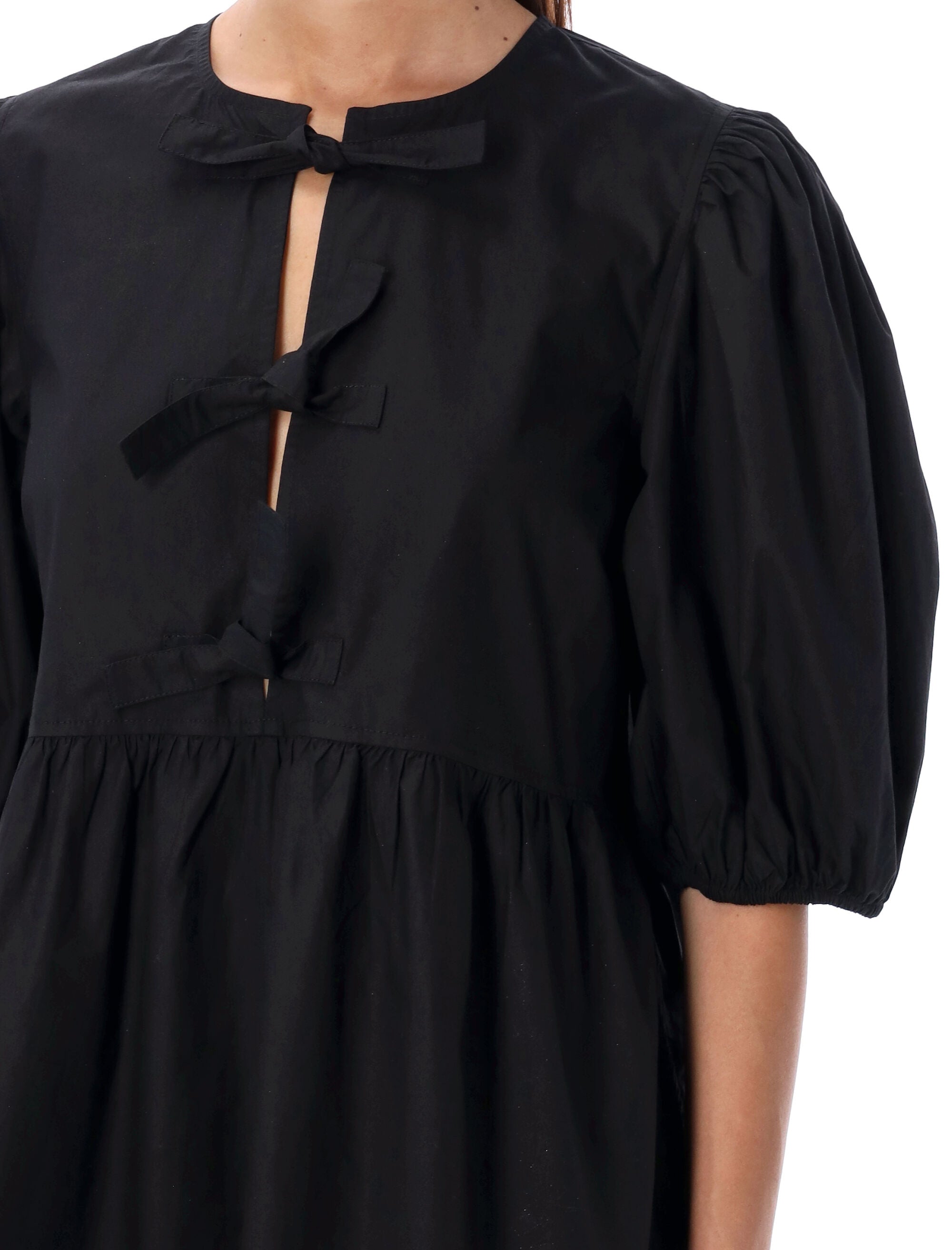 Ganni black cotton poplin mini dress with bows Organic