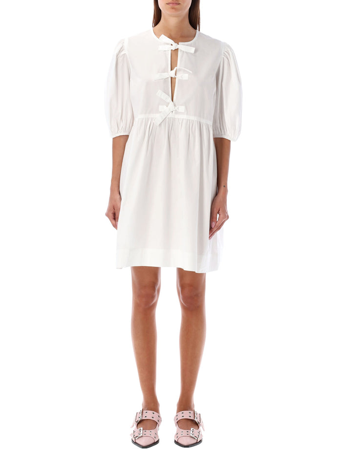 Ganni white cotton poplin mini dress with bows Bright Organic