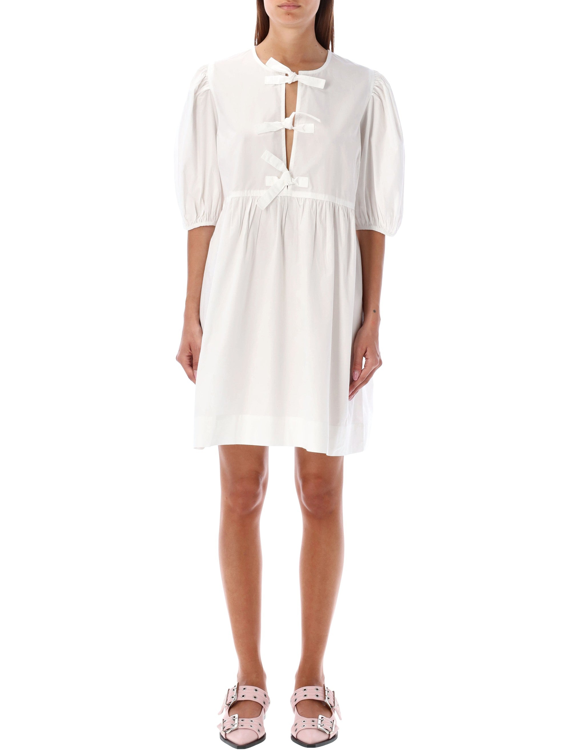 Ganni white cotton poplin mini dress with bows Bright Organic