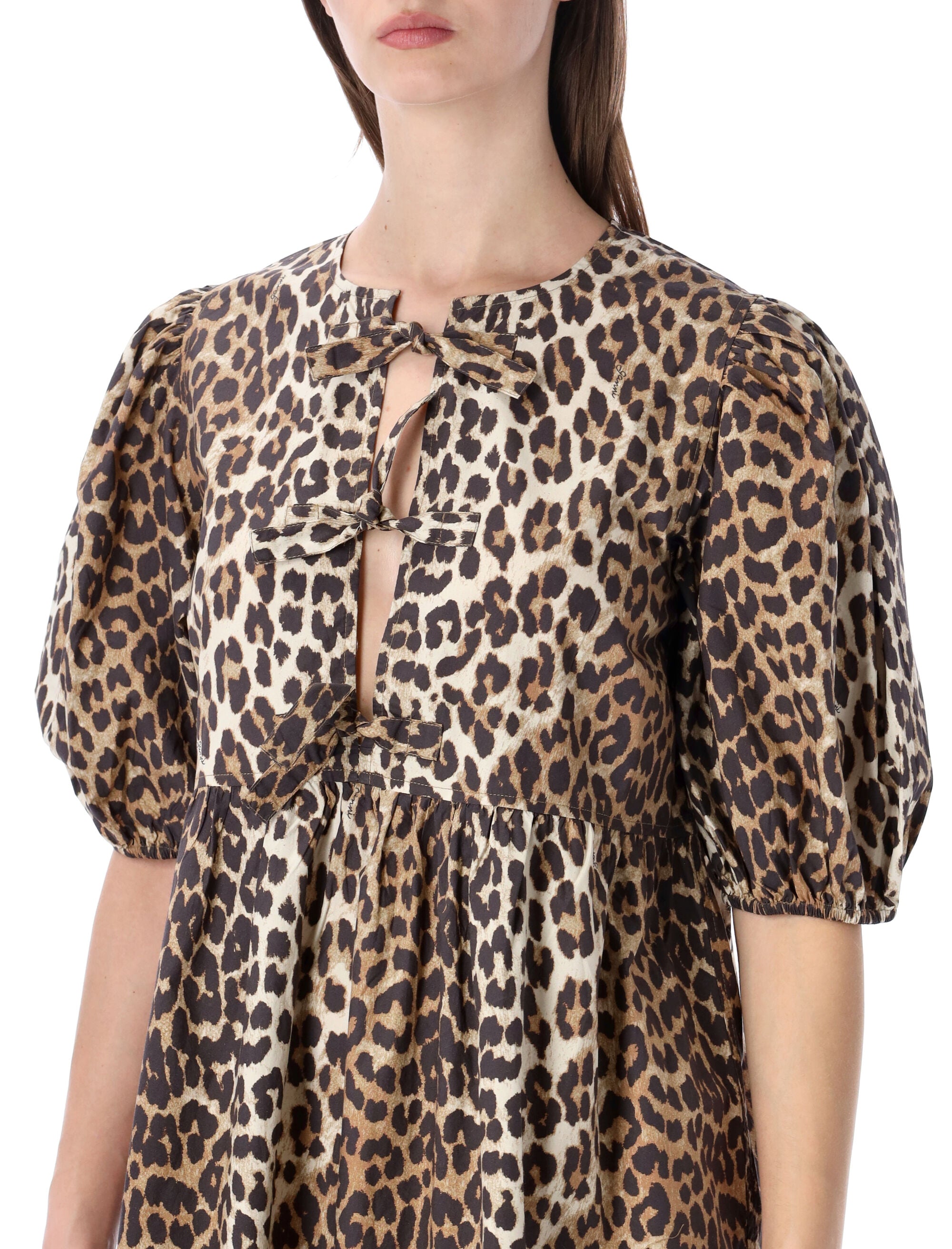 Ganni Leopard tie string mini dress Organic Cotton