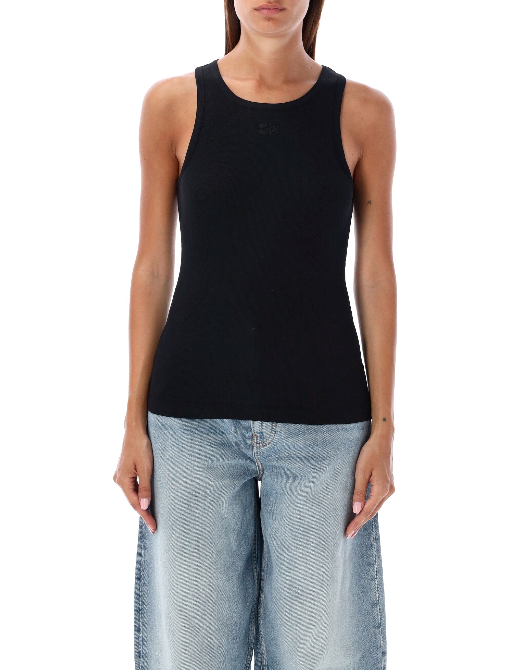 Ganni black cotton ribbed tank top Organic