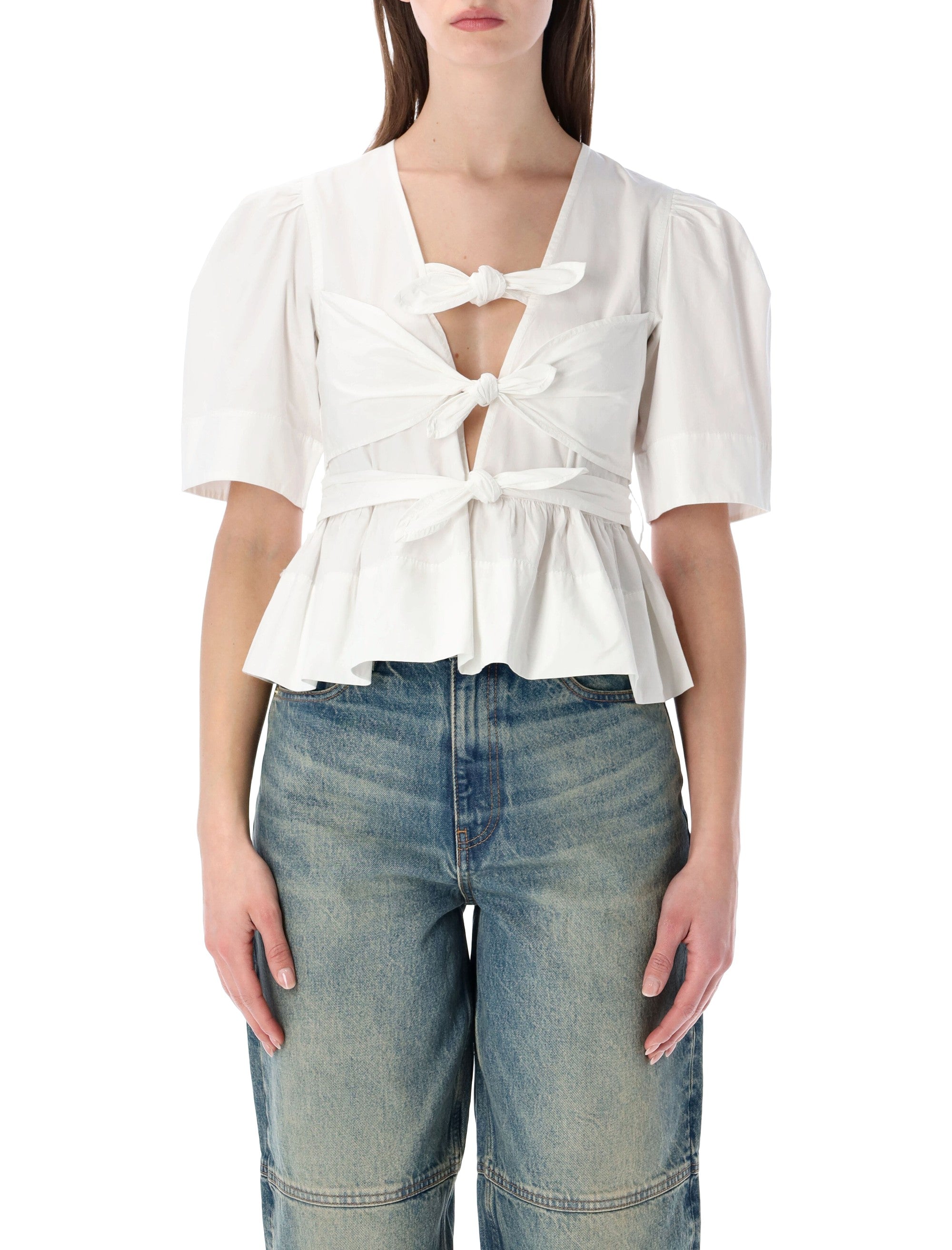 Ganni washed cotton tie-front blouse Birght White Organic Shirt