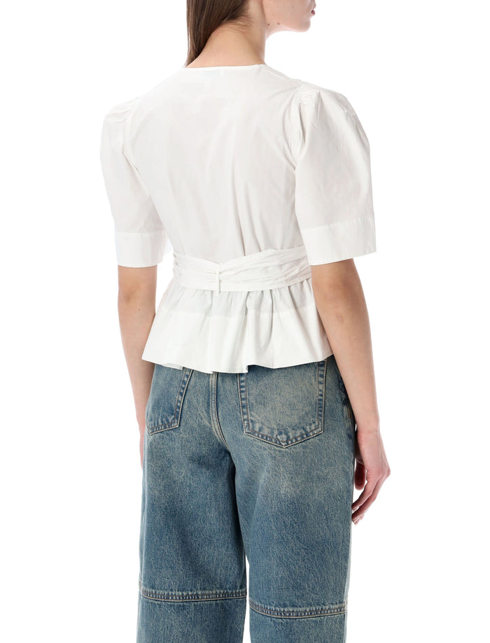 Ganni washed cotton tie-front blouse Birght White Organic Shirt