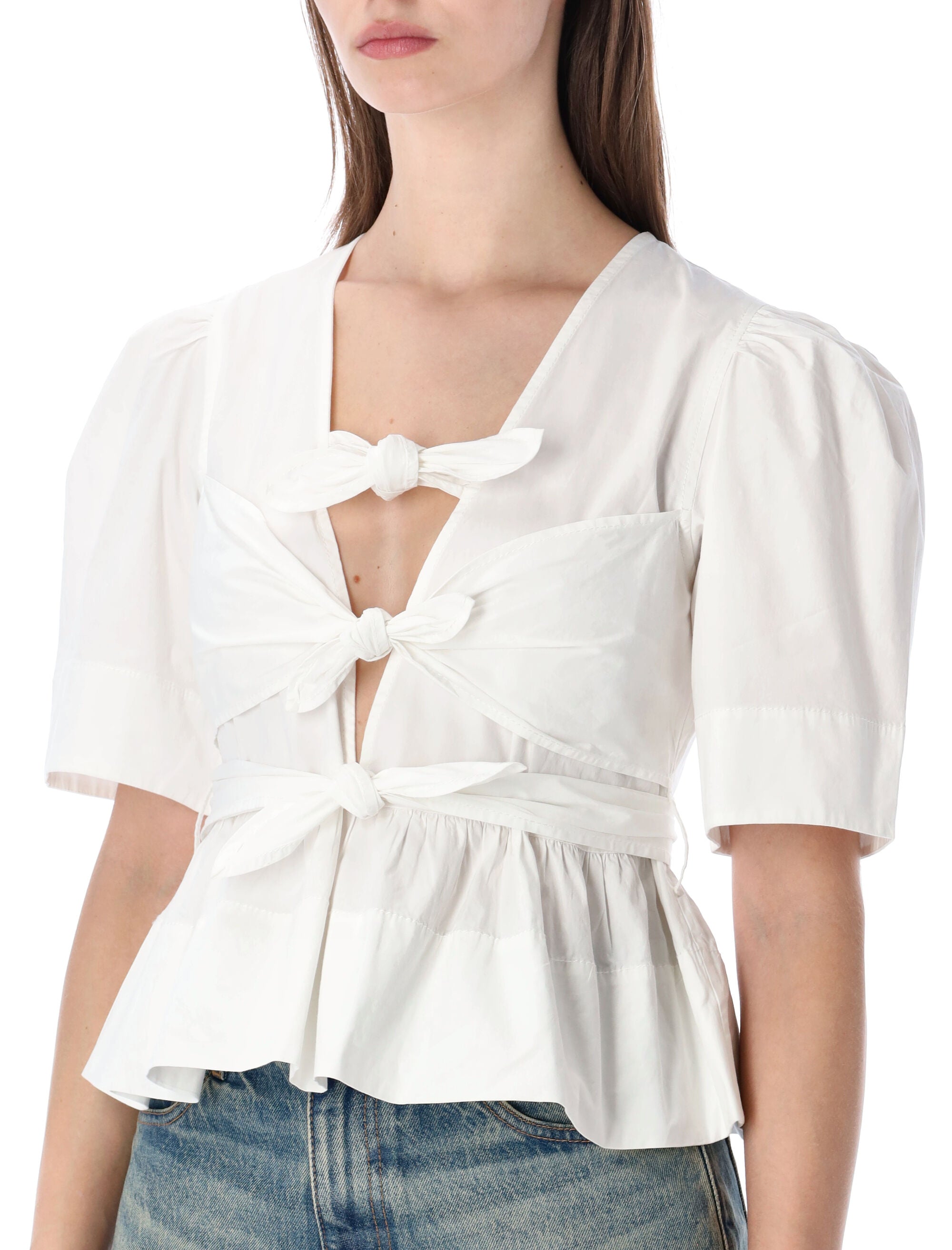 Ganni washed cotton tie-front blouse Birght White Organic Shirt