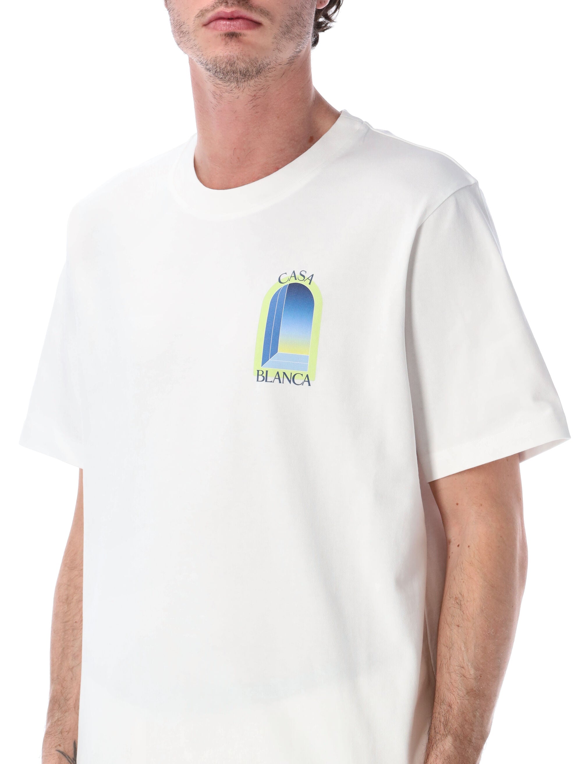 Casablanca LArche Printed Lime & Blue T-Shirt in White Organic Cotton Tshirt