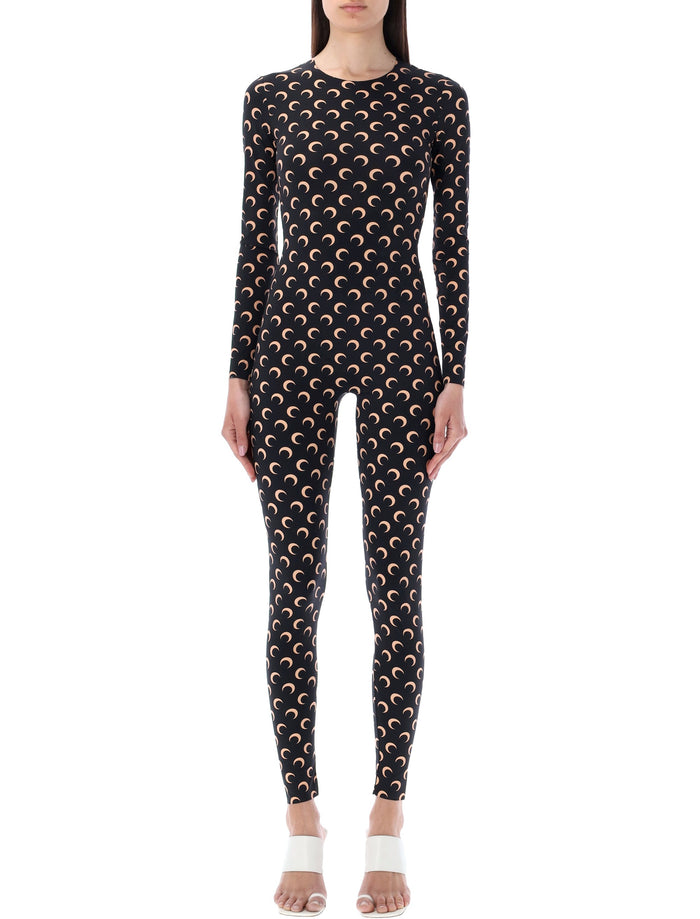 Marine Serre Moon Printed Stretch Jersey Catsuit Black Tan Polyamide Jumpsuit