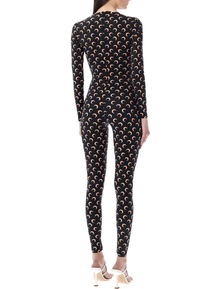 Marine Serre Moon Printed Stretch Jersey Catsuit Black Tan Polyamide Jumpsuit