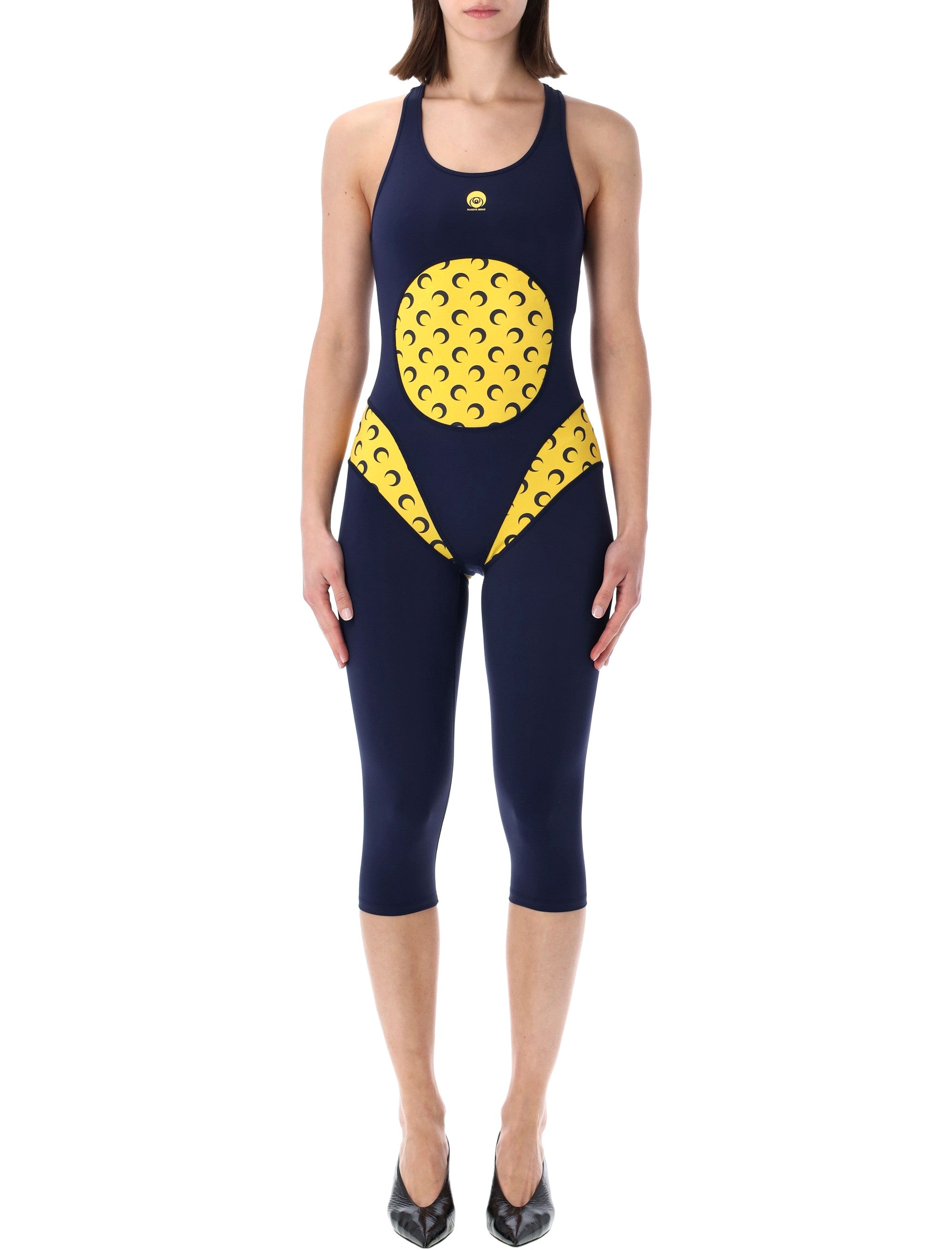 Marine Serre Moon Print Athleisure Catsuit Midnight Blue Polyamide Jumpsuit